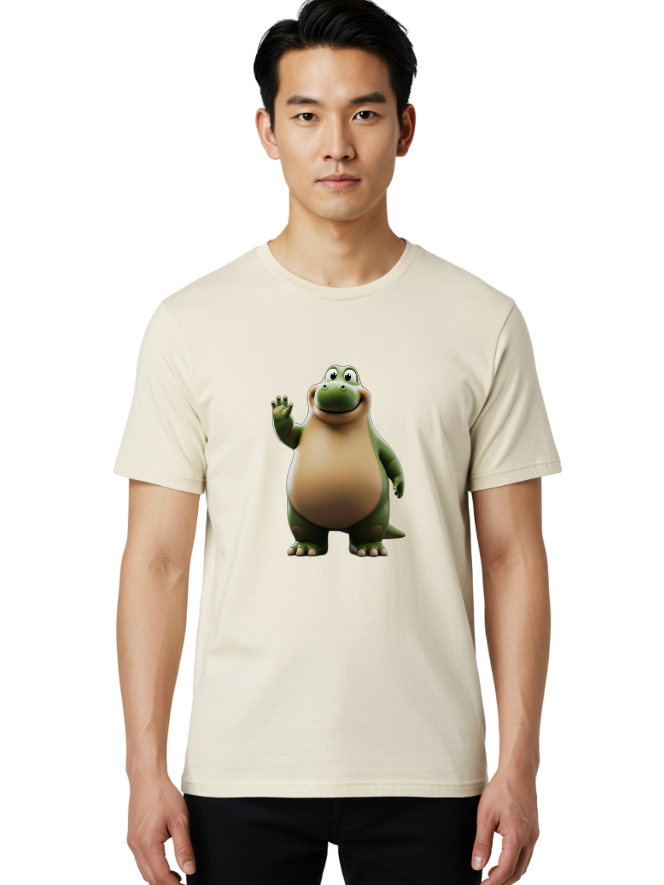 Cartoon-Dinosaur Men'S Graphic Tee, 100% Cotton, Comfortable Casual Summer Wear, Machine Washable, Cartoon Dinosaur, Friendly T-Rex, Green And Tan, Waving Hand, Smiling Face, Animated Character, Children'S Illustration, Prehistoric Creature, Bae391