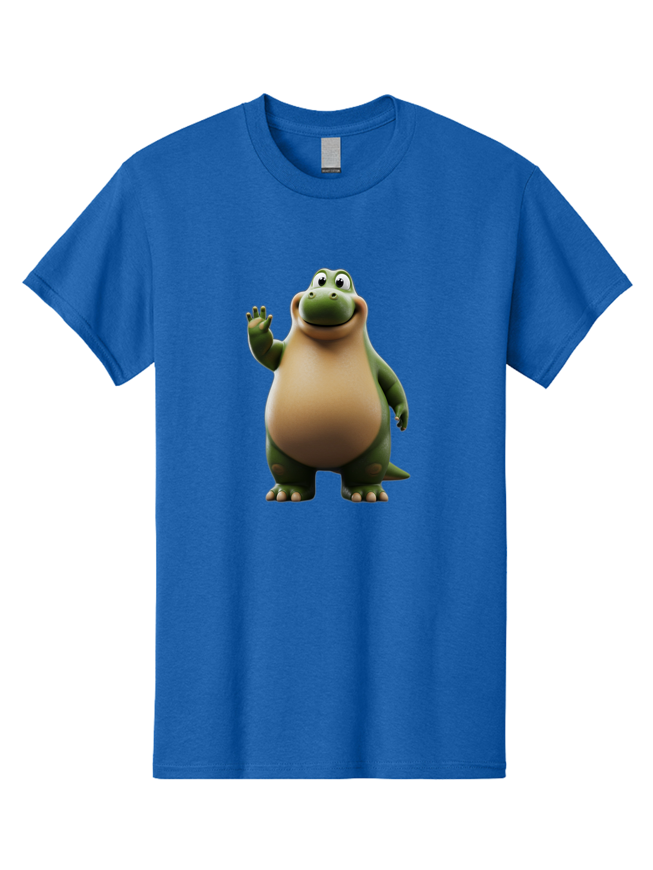 Cartoon-Dinosaur Men'S Graphic Tee, 100% Cotton, Comfortable Casual Summer Wear, Machine Washable, Cartoon Dinosaur, Friendly T-Rex, Green And Tan, Waving Hand, Smiling Face, Animated Character, Children'S Illustration, Prehistoric Creature, Bae391