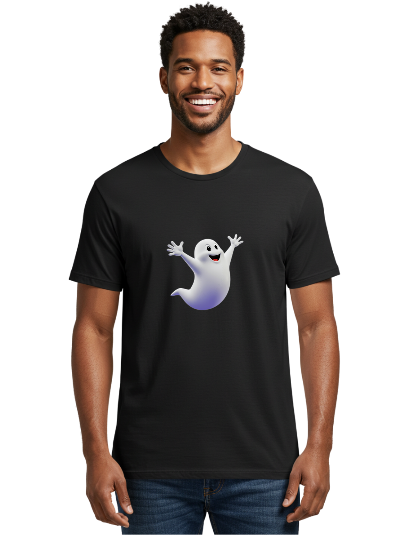 Cartoon-Ghost Men'S Graphic Tee, 100% Cotton, Comfortable Casual Summer Wear, Machine Washable, White Ghost, Cartoon Character, Friendly Spirit, Happy Expression, Halloween Theme, Digital Illustration, 3D Rendering, Playful Design Bae392