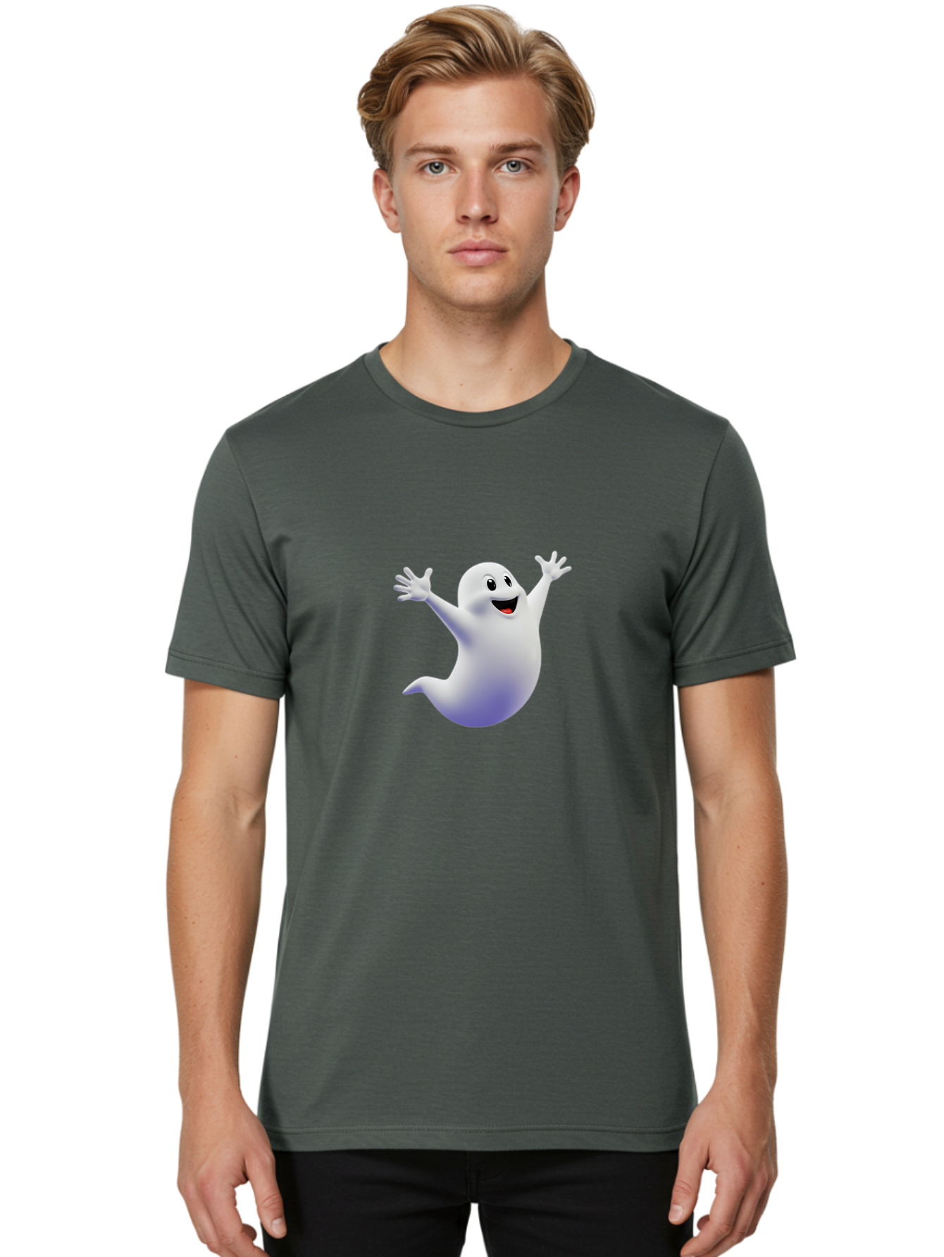 Cartoon-Ghost Men'S Graphic Tee, 100% Cotton, Comfortable Casual Summer Wear, Machine Washable, White Ghost, Cartoon Character, Friendly Spirit, Happy Expression, Halloween Theme, Digital Illustration, 3D Rendering, Playful Design Bae392