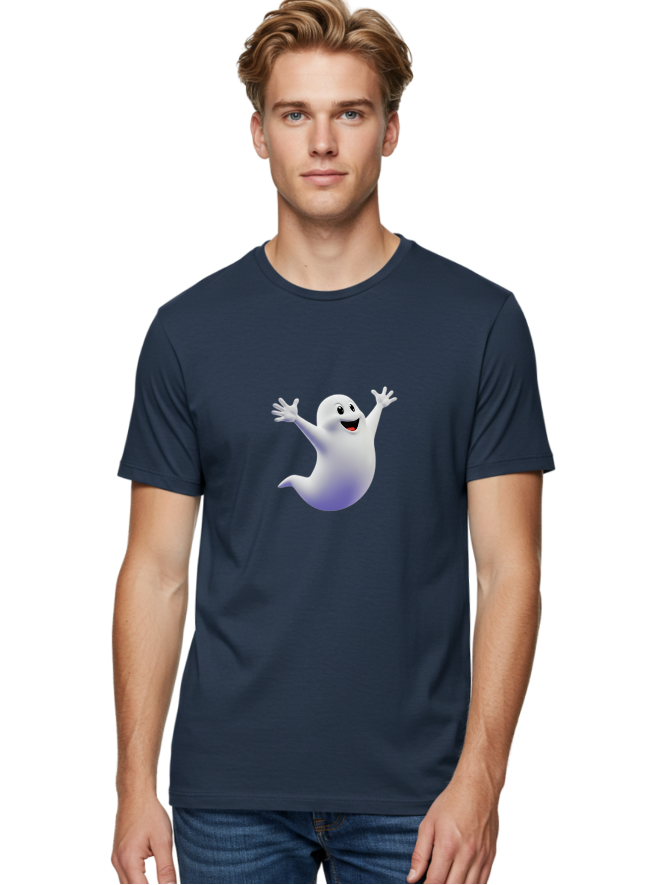 Cartoon-Ghost Men'S Graphic Tee, 100% Cotton, Comfortable Casual Summer Wear, Machine Washable, White Ghost, Cartoon Character, Friendly Spirit, Happy Expression, Halloween Theme, Digital Illustration, 3D Rendering, Playful Design Bae392