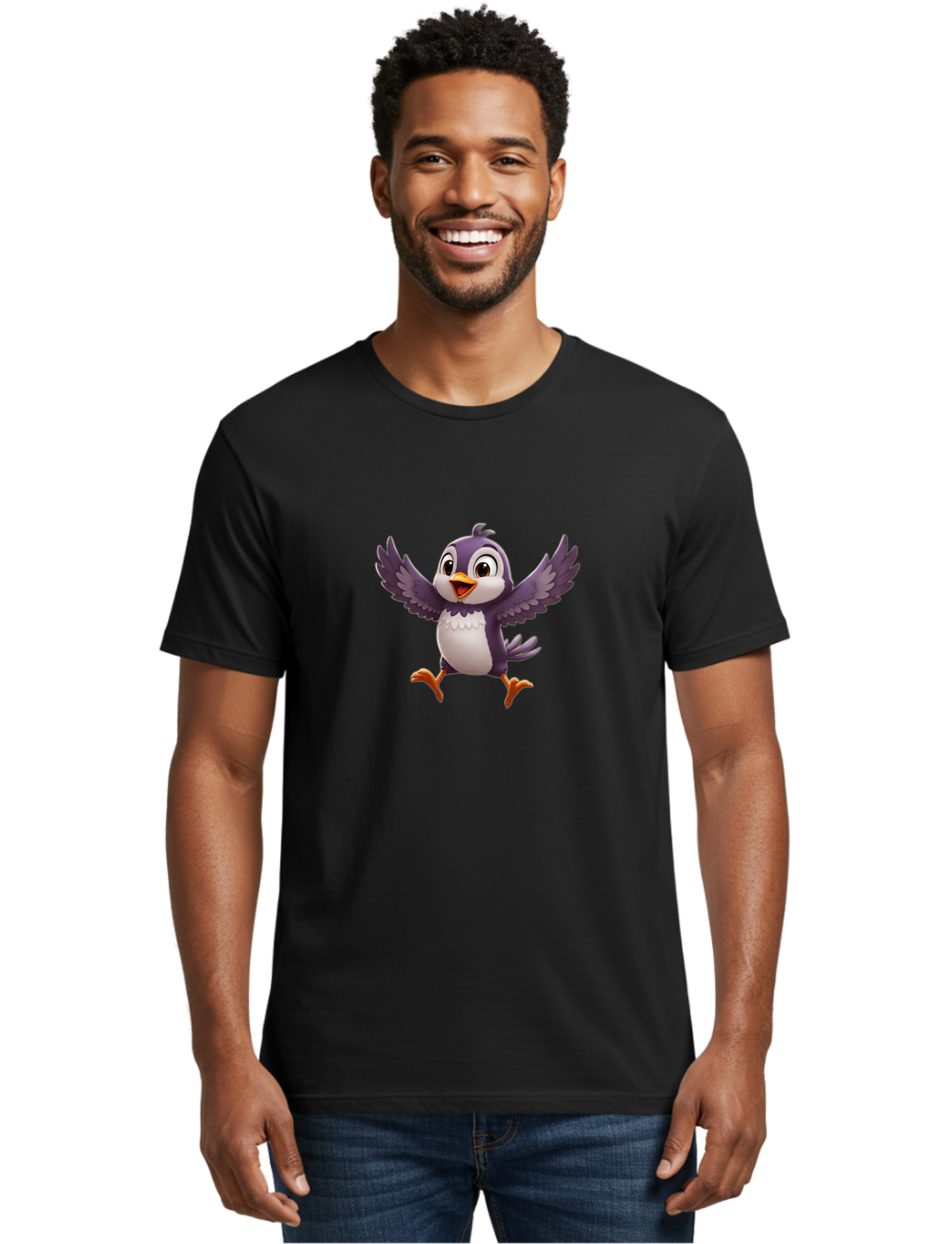 Cartoon-Penguin Men'S Graphic Tee, 100% Cotton, Comfortable Casual Summer Wear, Machine Washable, Cartoon Penguin, Animated Character, Playful Bird, Cute Creature, Purple And White Feathers, Orange Beak And Feet, Flying Penguin, Bae393