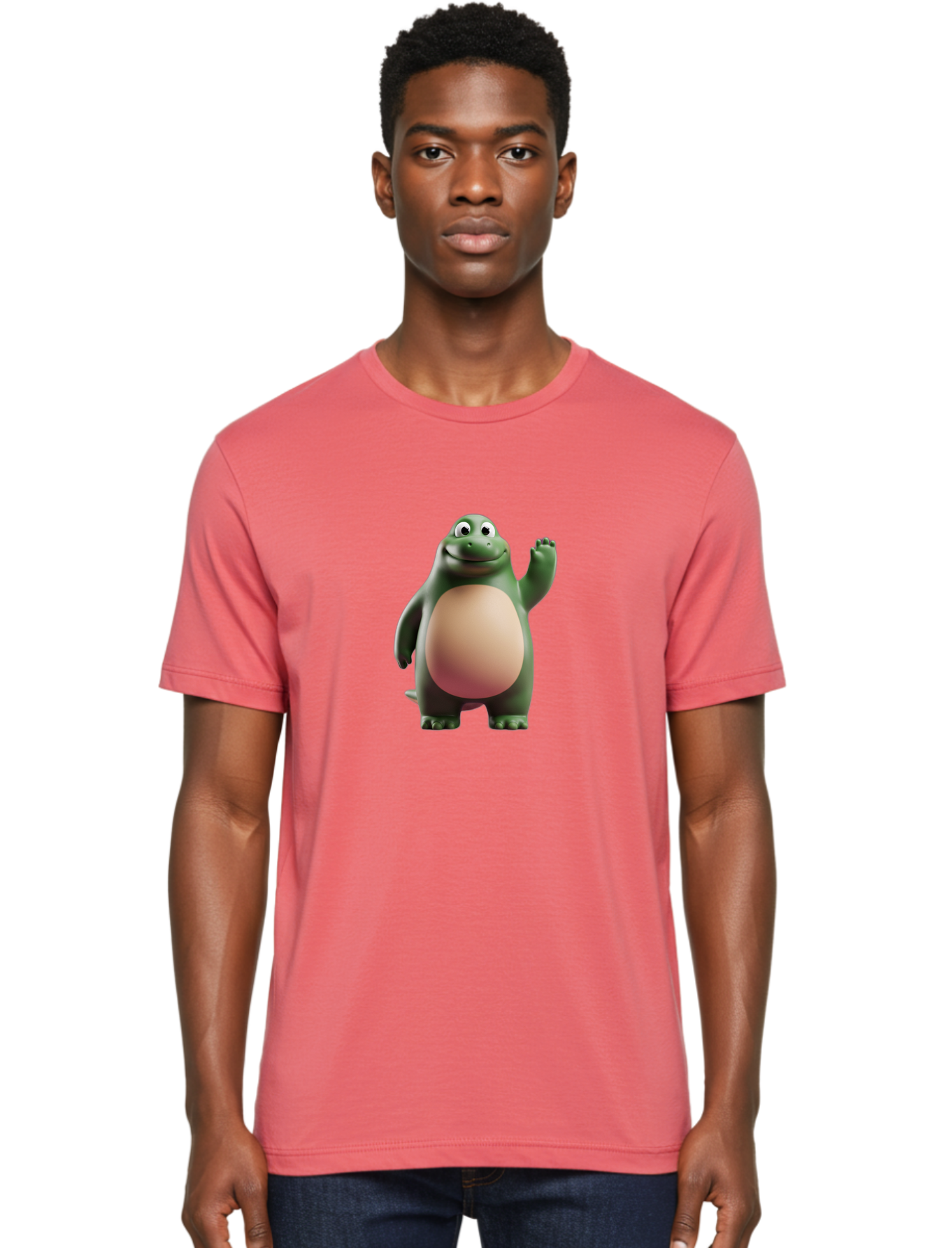 Cartoon-T-Rex-1 Men'S Graphic Tee, 100% Cotton, Comfortable Casual Summer Wear, Machine Washable, Smiling Dinosaur, Cartoon Character, Green Dinosaur, Happy Pose, Friendly Gesture, 3D Illustration, Cute Reptile, Dinosaur Illustration, Bae394
