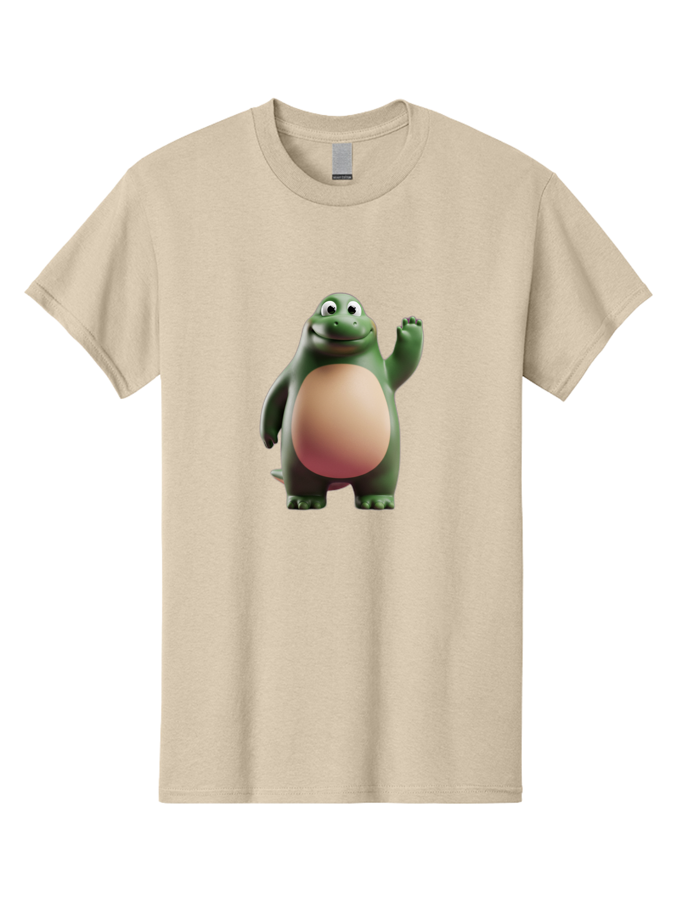 Cartoon-T-Rex-1 Men'S Graphic Tee, 100% Cotton, Comfortable Casual Summer Wear, Machine Washable, Smiling Dinosaur, Cartoon Character, Green Dinosaur, Happy Pose, Friendly Gesture, 3D Illustration, Cute Reptile, Dinosaur Illustration, Bae394
