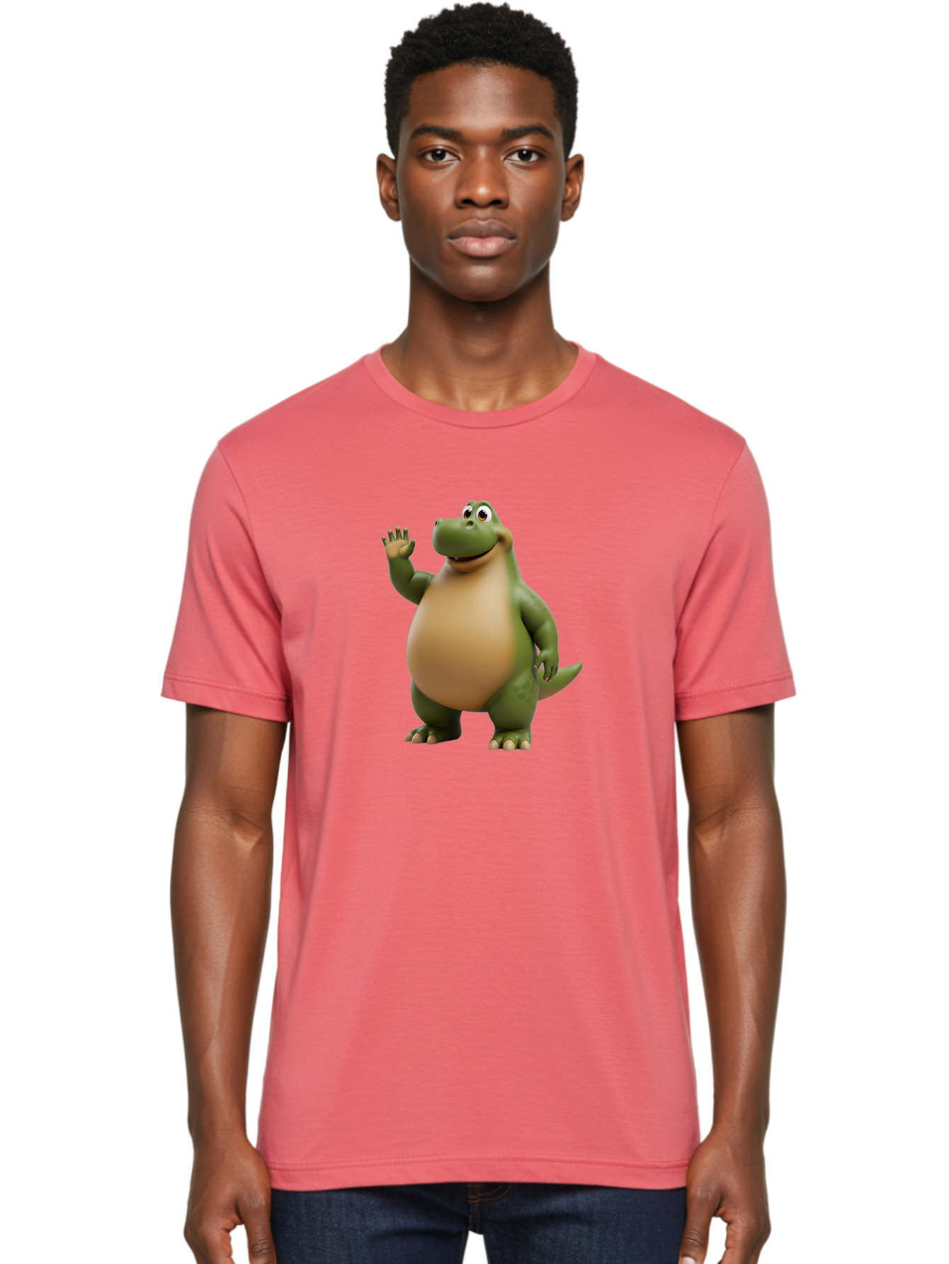 Cartoon-T-Rex Men'S Graphic Tee, 100% Cotton, Comfortable Casual Summer Wear, Machine Washable, Cartoon Alligator, 3D Character, Green Alligator, Friendly Creature, Cartoon Animal, Animated Character, Children'S Entertainment, Nursery Decor, Bae395