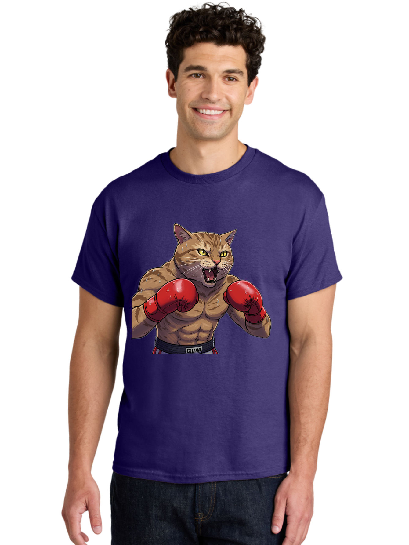Cat-Boxer-1 Men'S Graphic Tee, 100% Cotton, Comfortable Casual Summer Wear, Machine Washable, Muscular Cat, Boxing Gloves, Fighting Stance, Aggressive Expression, Cartoon Character, Fitness, Athleticism, Feline, Combat Sports, Bae396