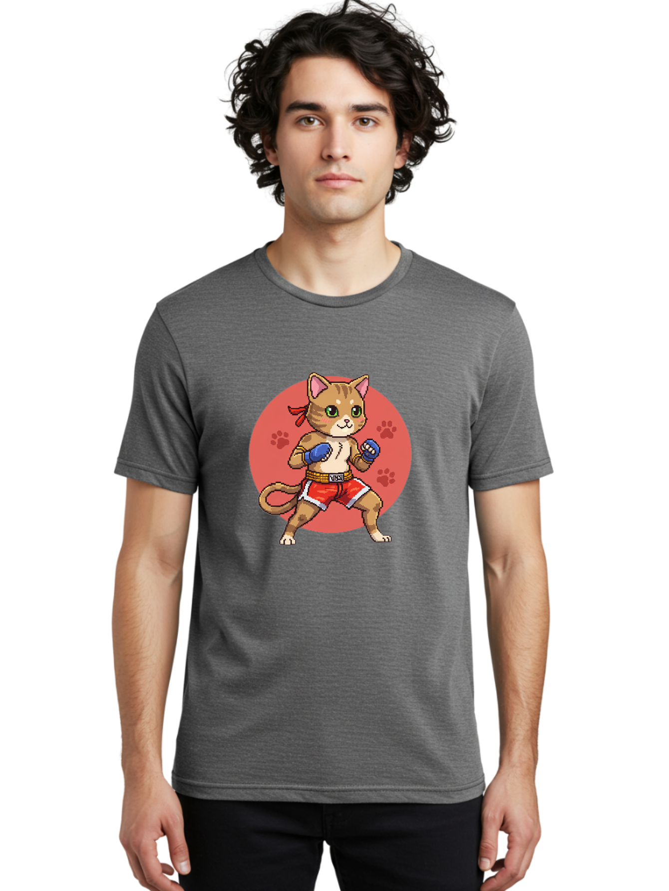 Cat-Boxer Men'S Graphic Tee, 100% Cotton, Comfortable Casual Summer Wear, Machine Washable, Cartoon Cat In Boxing Gloves, Muay Thai Fighter, Kawaii Kitty, Fighting Stance, Red Shorts, Blue Gloves, Playful Illustration, Cute Kitten Bae397