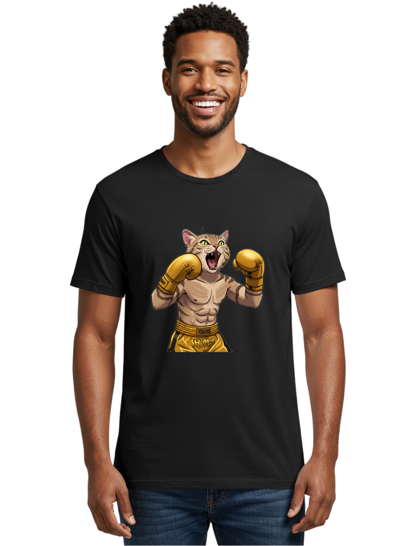 Cat-Fighter Men'S Graphic Tee, 100% Cotton, Comfortable Casual Summer Wear, Machine Washable, Cartoon Cat, Boxer Cat, Boxing Gloves, Martial Arts, Fitness, Anthropomorphic Animal, Fighting Stance, Strong Cat, Muscular Cat, Bae398