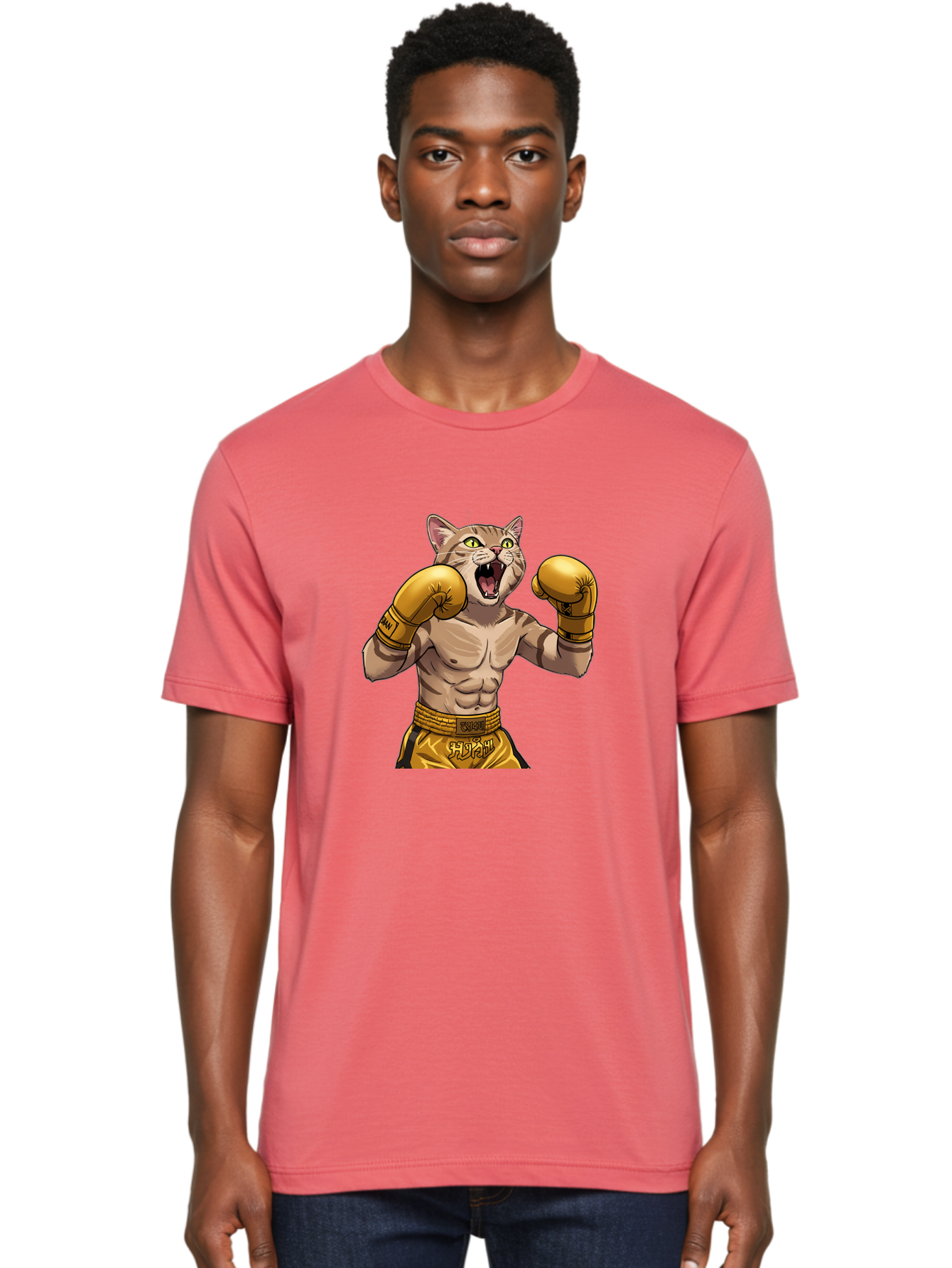 Cat-Fighter Men'S Graphic Tee, 100% Cotton, Comfortable Casual Summer Wear, Machine Washable, Cartoon Cat, Boxer Cat, Boxing Gloves, Martial Arts, Fitness, Anthropomorphic Animal, Fighting Stance, Strong Cat, Muscular Cat, Bae398