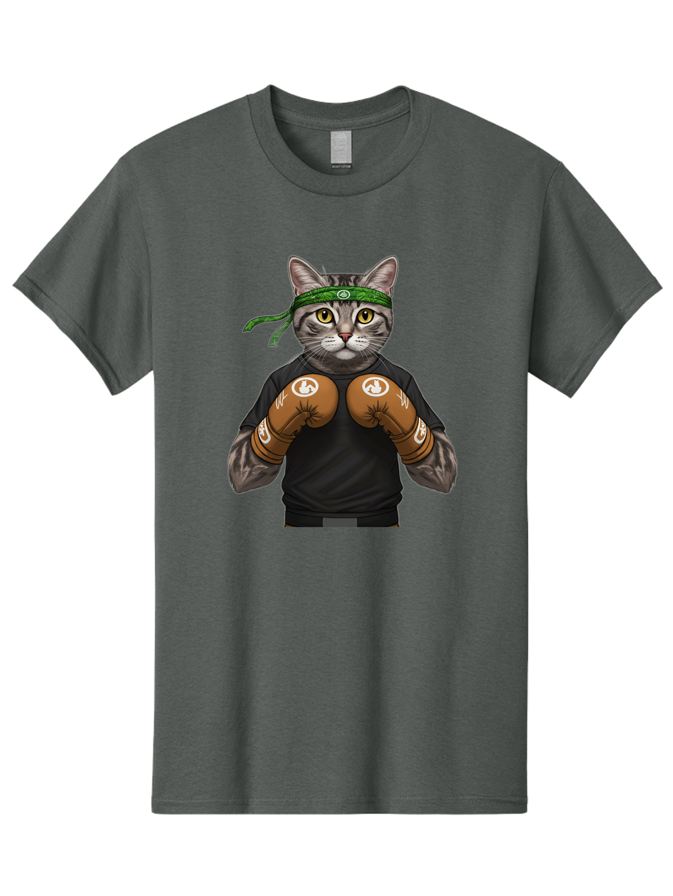 Cat-In-Boxing-Gloves Men'S Graphic Tee, 100% Cotton, Comfortable Casual Summer Wear, Machine Washable, Gray Tabby Cat, Boxing Gloves, Martial Arts Headband, Ninja Cat, Cool Cat, Funny Cat, Boxing Cat, Warrior Cat, Humorous Illustration, Bae399
