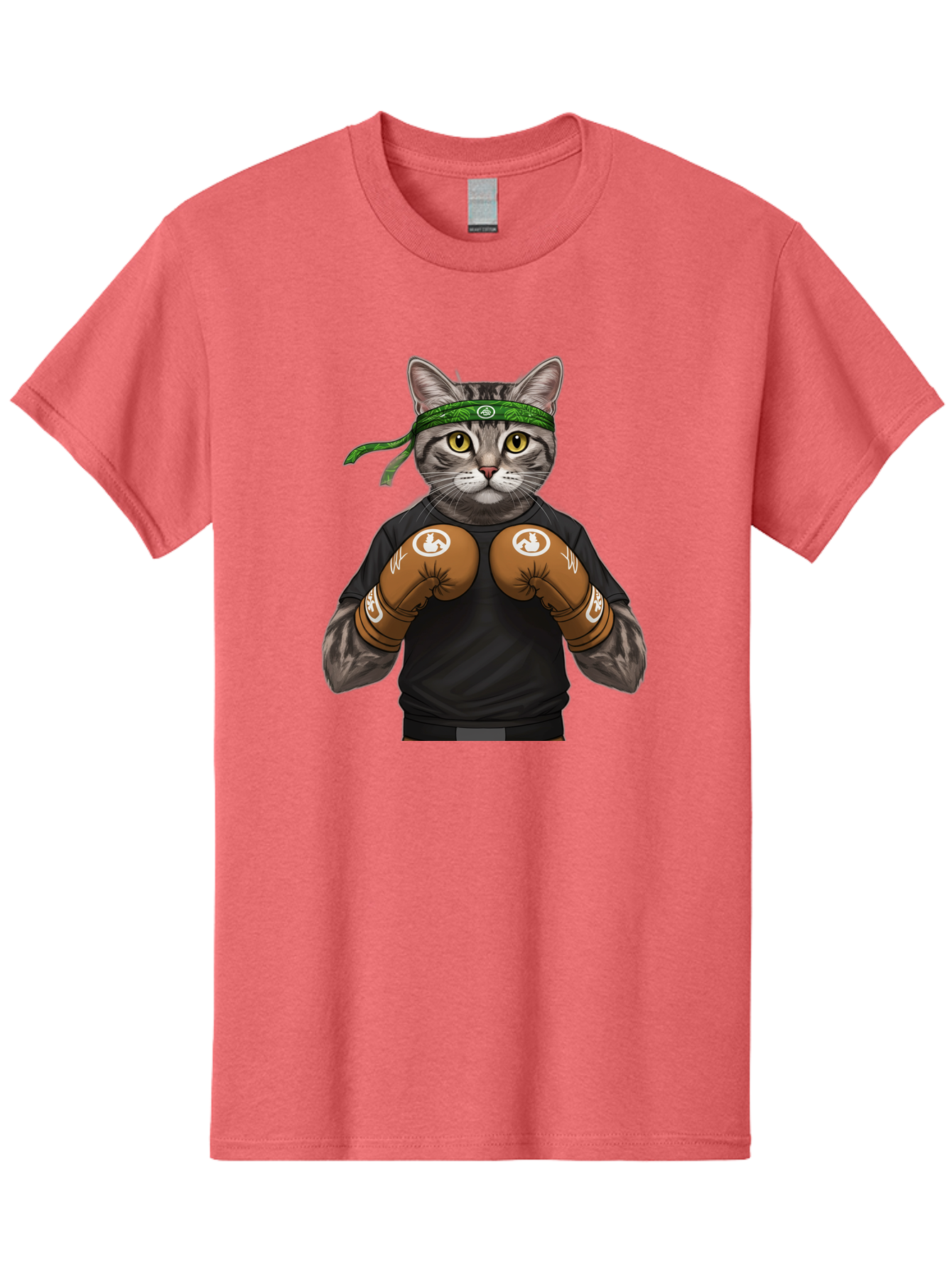 Cat-In-Boxing-Gloves Men'S Graphic Tee, 100% Cotton, Comfortable Casual Summer Wear, Machine Washable, Gray Tabby Cat, Boxing Gloves, Martial Arts Headband, Ninja Cat, Cool Cat, Funny Cat, Boxing Cat, Warrior Cat, Humorous Illustration, Bae399