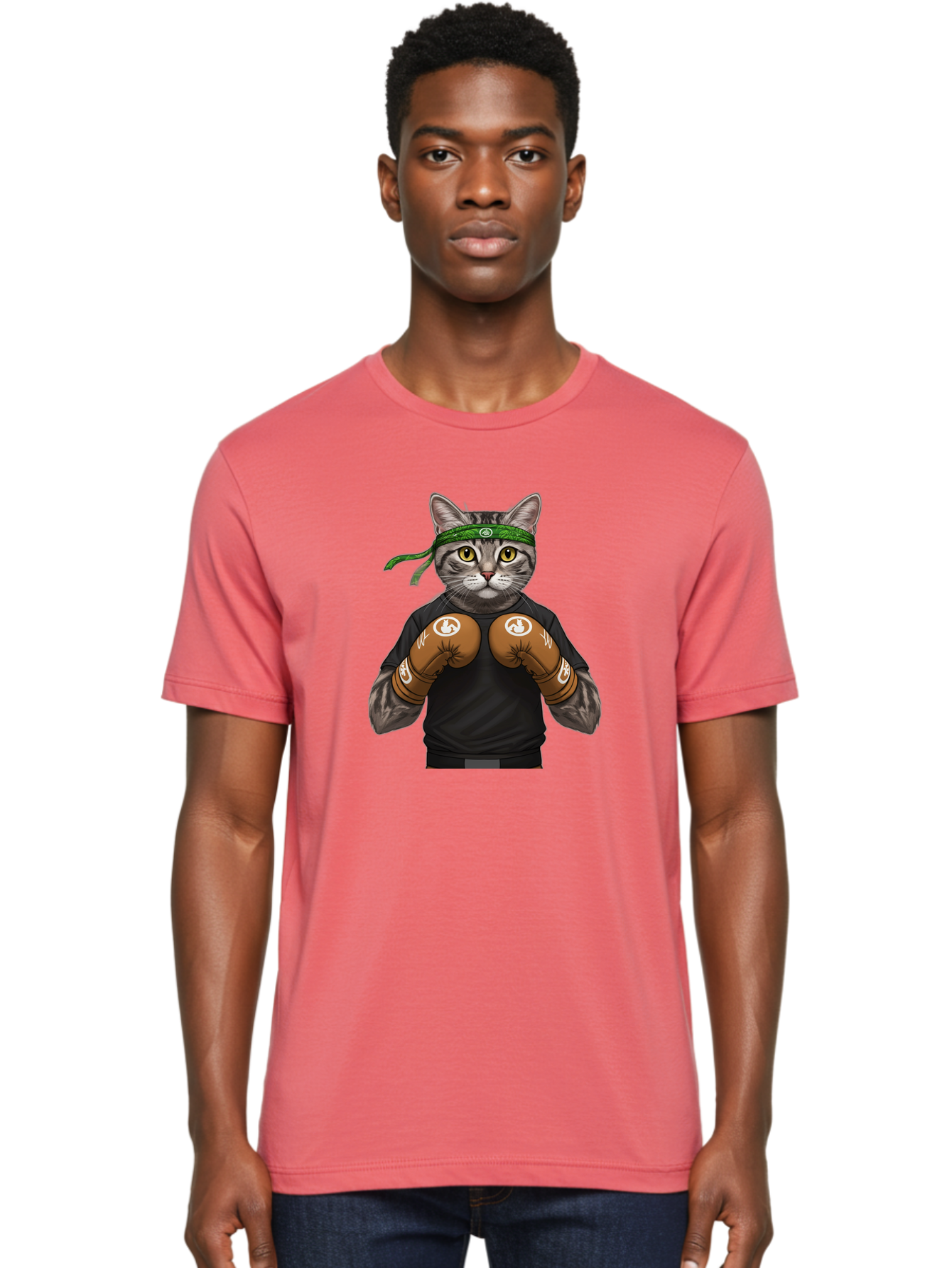 Cat-In-Boxing-Gloves Men'S Graphic Tee, 100% Cotton, Comfortable Casual Summer Wear, Machine Washable, Gray Tabby Cat, Boxing Gloves, Martial Arts Headband, Ninja Cat, Cool Cat, Funny Cat, Boxing Cat, Warrior Cat, Humorous Illustration, Bae399