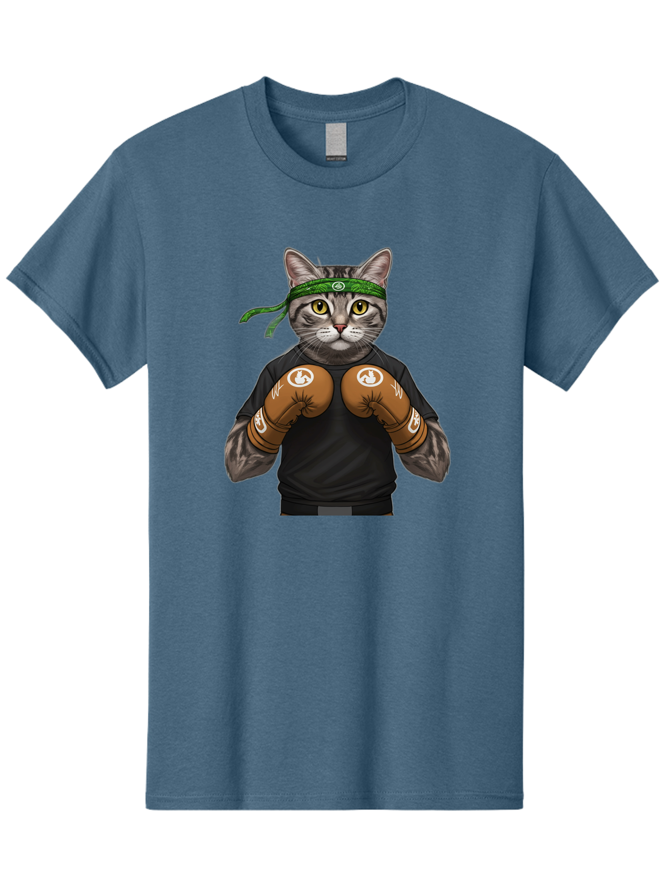 Cat-In-Boxing-Gloves Men'S Graphic Tee, 100% Cotton, Comfortable Casual Summer Wear, Machine Washable, Gray Tabby Cat, Boxing Gloves, Martial Arts Headband, Ninja Cat, Cool Cat, Funny Cat, Boxing Cat, Warrior Cat, Humorous Illustration, Bae399