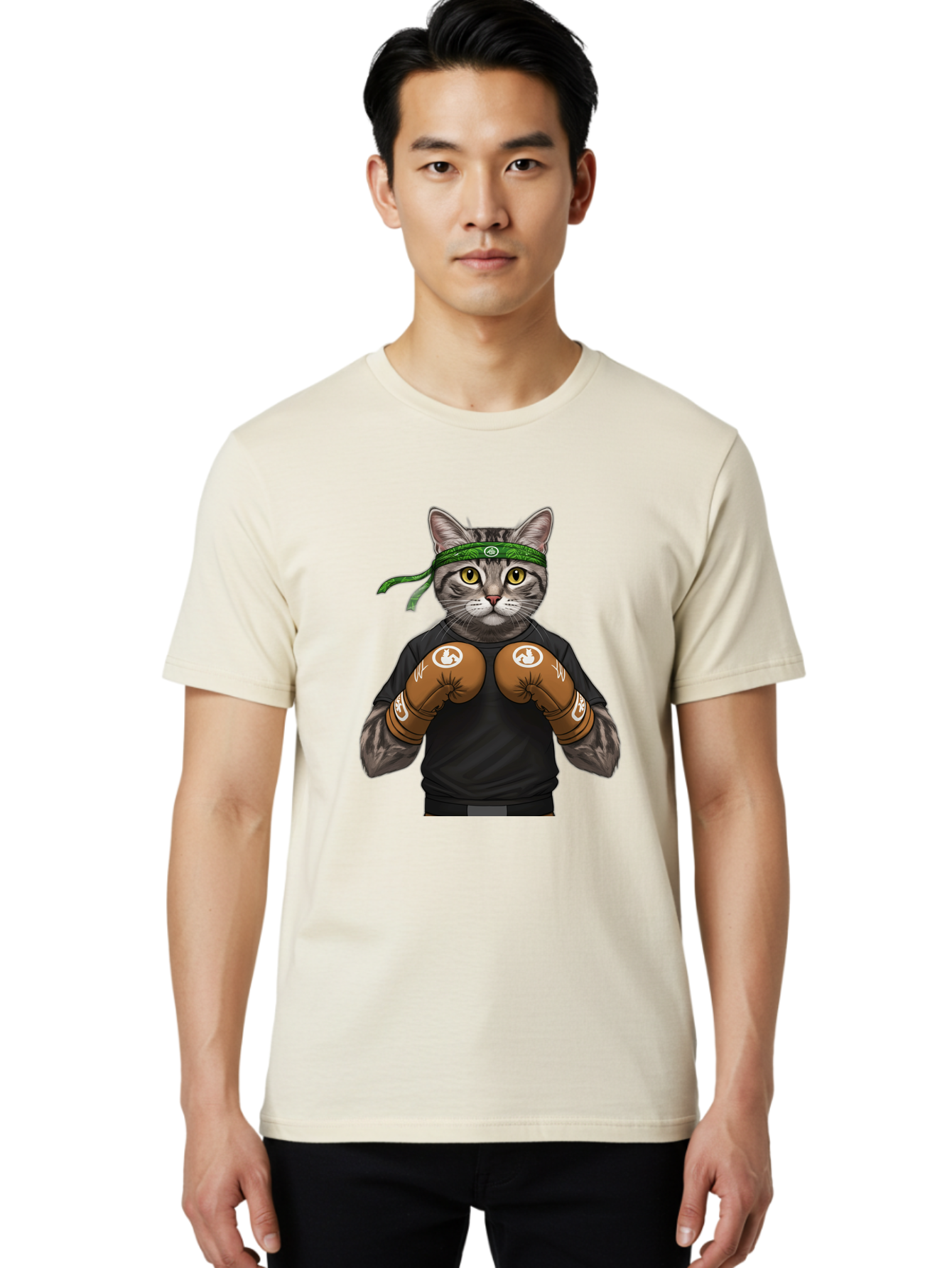 Cat-In-Boxing-Gloves Men'S Graphic Tee, 100% Cotton, Comfortable Casual Summer Wear, Machine Washable, Gray Tabby Cat, Boxing Gloves, Martial Arts Headband, Ninja Cat, Cool Cat, Funny Cat, Boxing Cat, Warrior Cat, Humorous Illustration, Bae399
