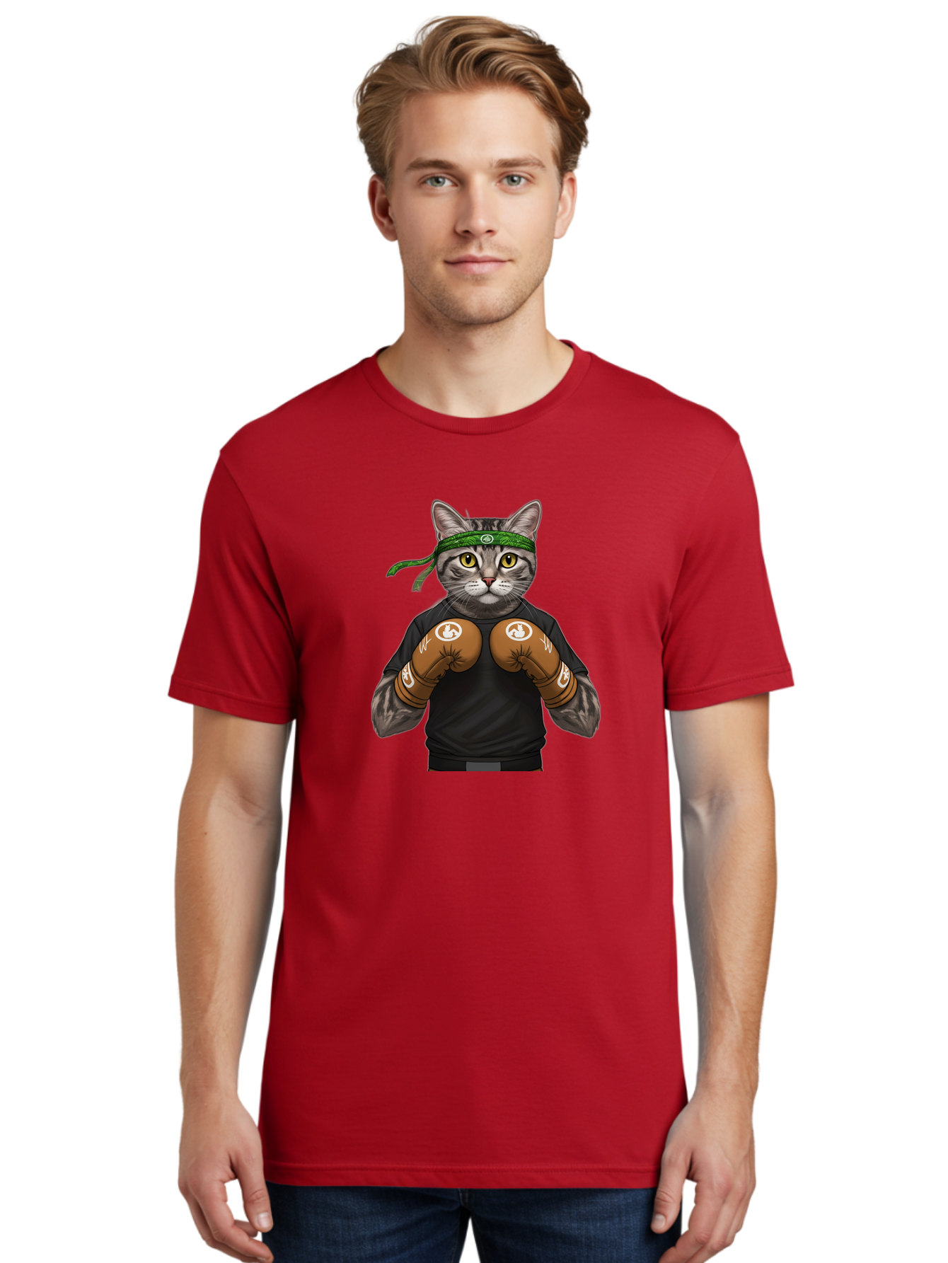 Cat-In-Boxing-Gloves Men'S Graphic Tee, 100% Cotton, Comfortable Casual Summer Wear, Machine Washable, Gray Tabby Cat, Boxing Gloves, Martial Arts Headband, Ninja Cat, Cool Cat, Funny Cat, Boxing Cat, Warrior Cat, Humorous Illustration, Bae399
