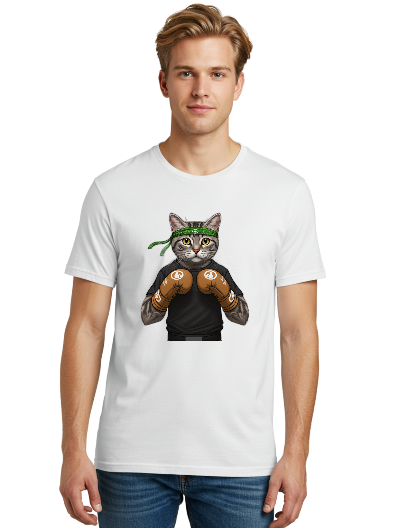 Cat-In-Boxing-Gloves Men'S Graphic Tee, 100% Cotton, Comfortable Casual Summer Wear, Machine Washable, Gray Tabby Cat, Boxing Gloves, Martial Arts Headband, Ninja Cat, Cool Cat, Funny Cat, Boxing Cat, Warrior Cat, Humorous Illustration, Bae399