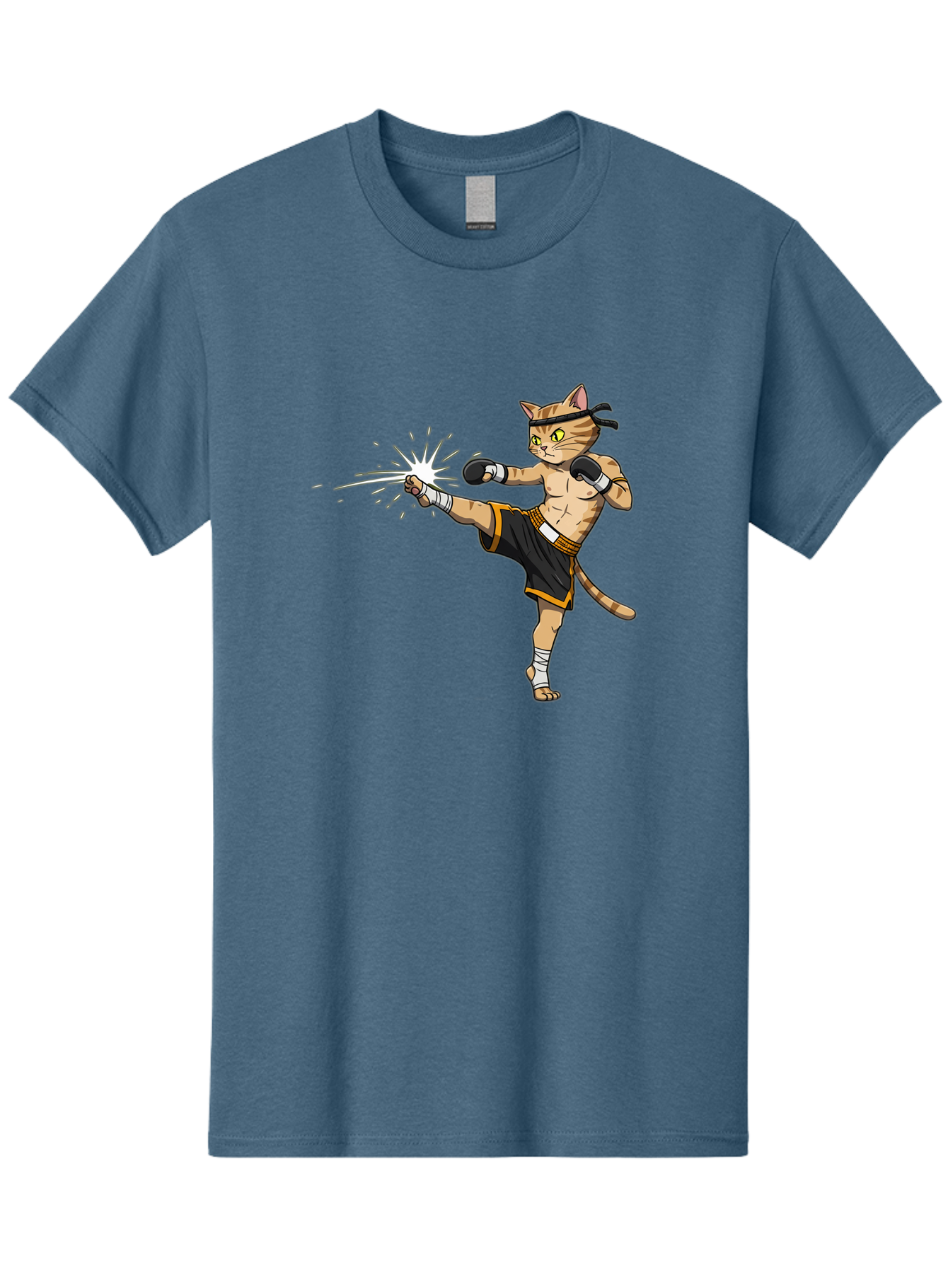 Cat-Kick Men'S Graphic Tee, 100% Cotton, Comfortable Casual Summer Wear, Machine Washable, Cartoon Cat, Muay Thai Fighter, Martial Arts, Kicking, Boxing Gloves, Dynamic Pose, Playful Humor, Animal Athlete, Energetic Motion, Fun Design Bae400