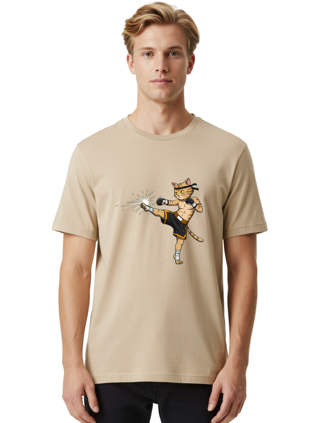 Cat-Kick Men'S Graphic Tee, 100% Cotton, Comfortable Casual Summer Wear, Machine Washable, Cartoon Cat, Muay Thai Fighter, Martial Arts, Kicking, Boxing Gloves, Dynamic Pose, Playful Humor, Animal Athlete, Energetic Motion, Fun Design Bae400