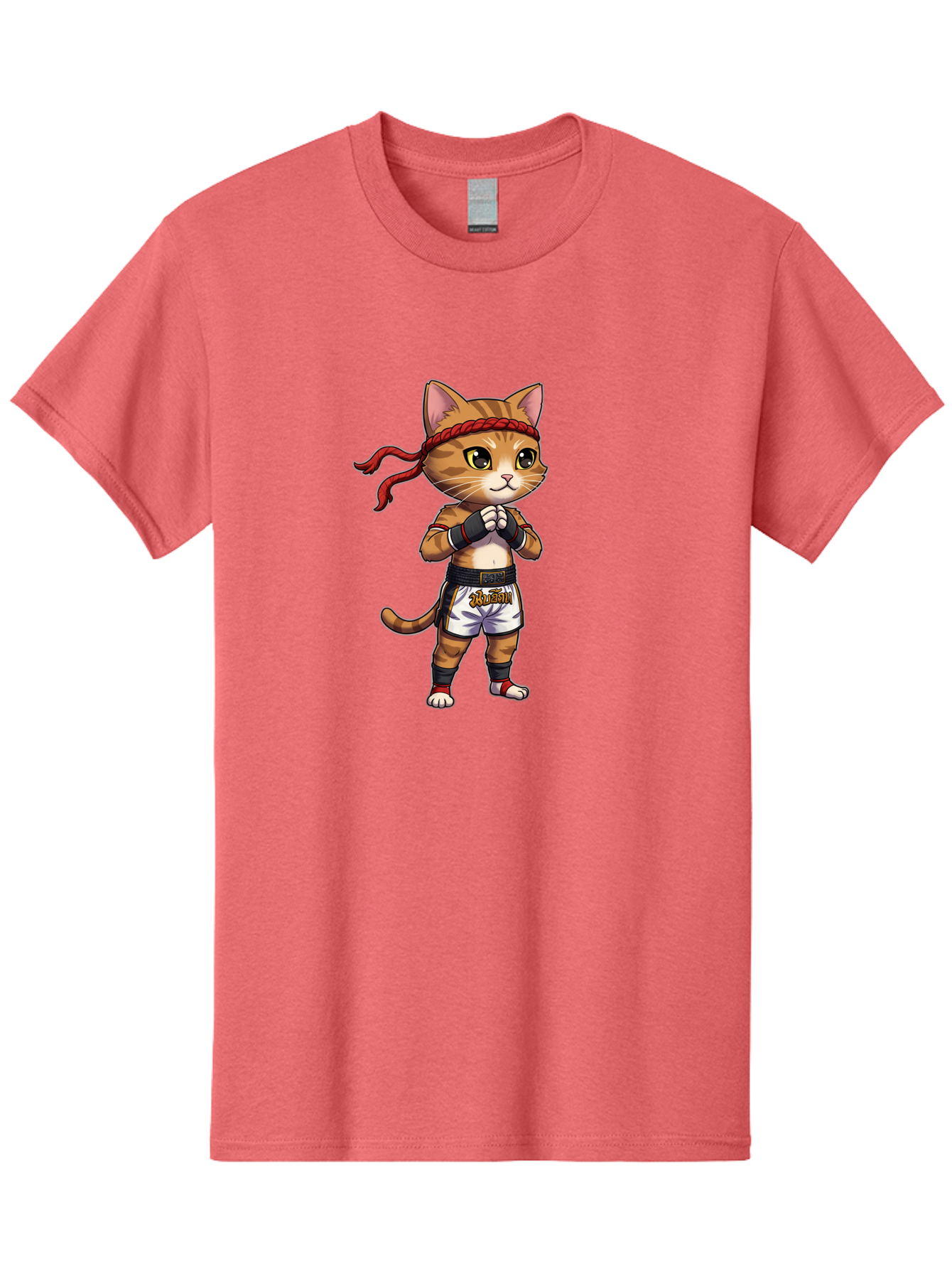 Cat-Kickboxer Men'S Graphic Tee, 100% Cotton, Comfortable Casual Summer Wear, Machine Washable, Cartoon Cat In Muay Thai Attire, Martial Arts Training, Adorable Animal, Fighting Stance, Braided Headband, Black Tape, Orange Stripes, Bae401
