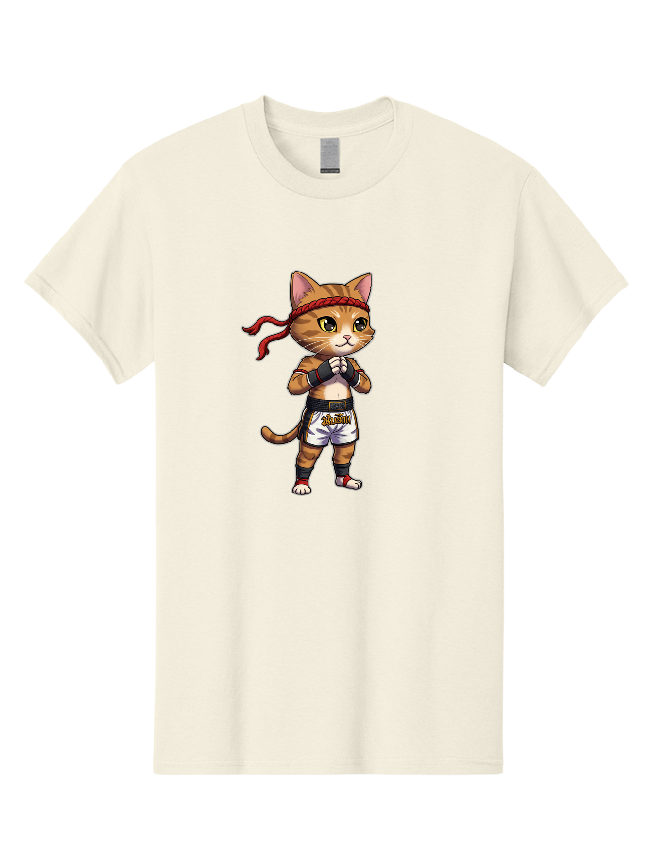Cat-Kickboxer Men'S Graphic Tee, 100% Cotton, Comfortable Casual Summer Wear, Machine Washable, Cartoon Cat In Muay Thai Attire, Martial Arts Training, Adorable Animal, Fighting Stance, Braided Headband, Black Tape, Orange Stripes, Bae401