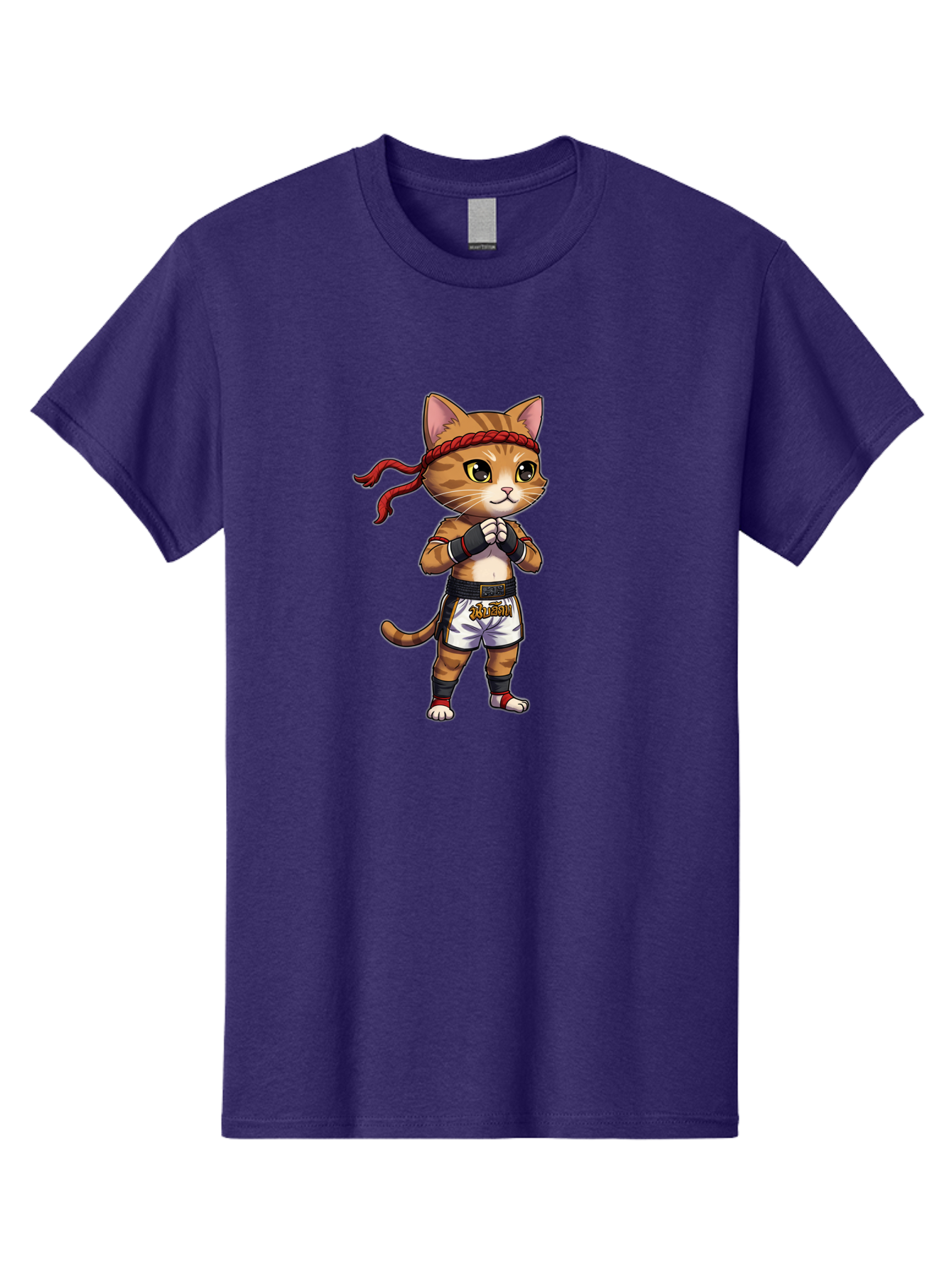 Cat-Kickboxer Men'S Graphic Tee, 100% Cotton, Comfortable Casual Summer Wear, Machine Washable, Cartoon Cat In Muay Thai Attire, Martial Arts Training, Adorable Animal, Fighting Stance, Braided Headband, Black Tape, Orange Stripes, Bae401