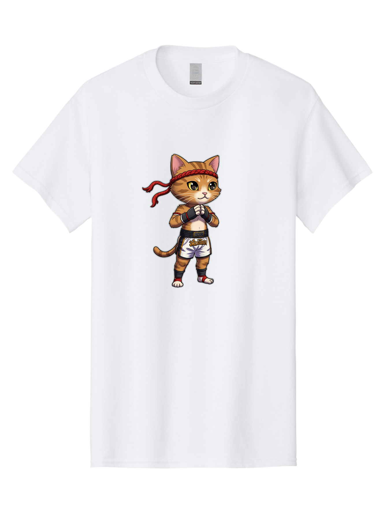 Cat-Kickboxer Men'S Graphic Tee, 100% Cotton, Comfortable Casual Summer Wear, Machine Washable, Cartoon Cat In Muay Thai Attire, Martial Arts Training, Adorable Animal, Fighting Stance, Braided Headband, Black Tape, Orange Stripes, Bae401