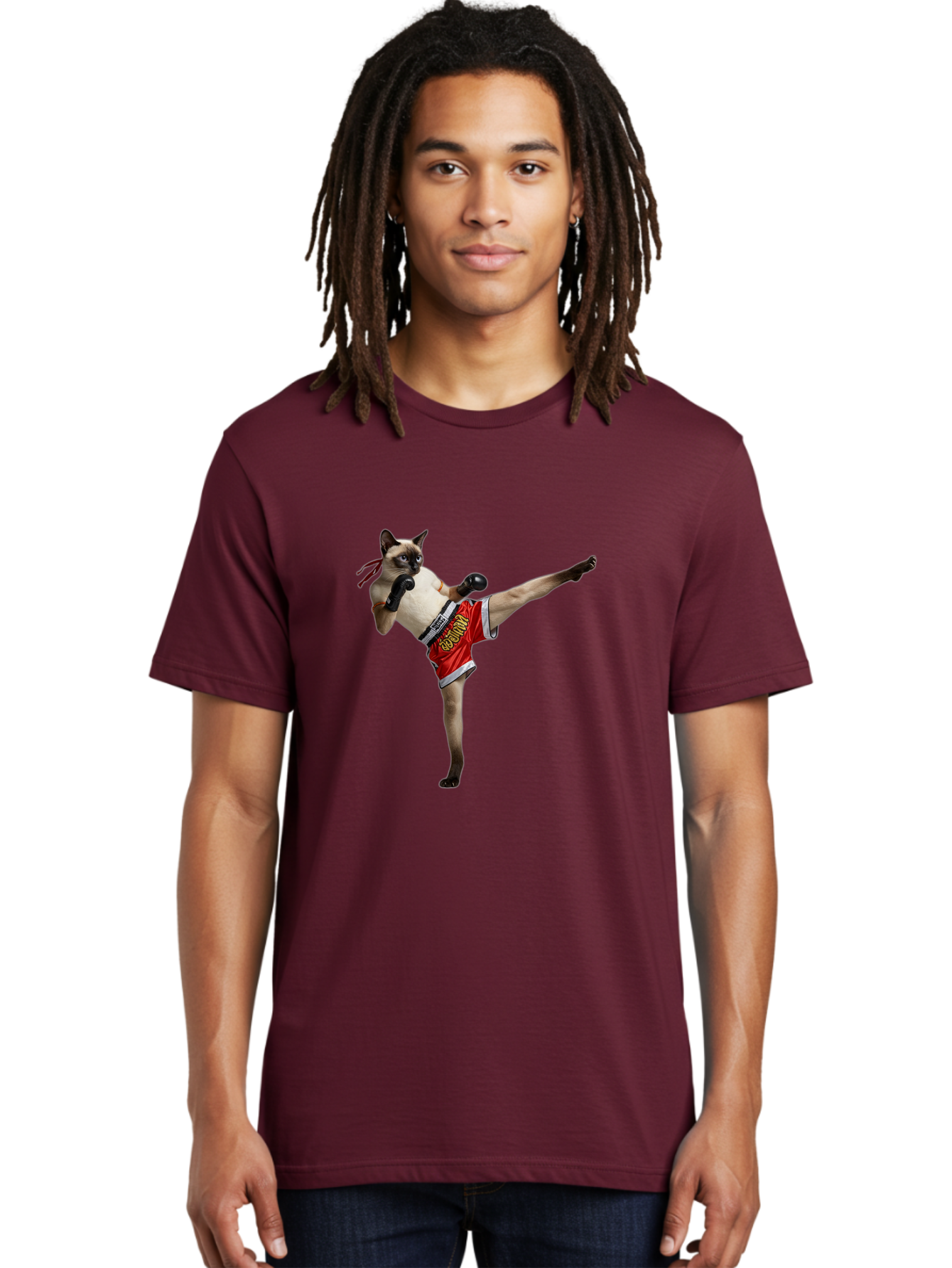 Cat-Kickboxing Men'S Graphic Tee, 100% Cotton, Comfortable Casual Summer Wear, Machine Washable, Siamese Cat Kickboxing, Anthropomorphic Cat, Boxing Gloves, Red Shorts, Martial Arts, Fighting Stance, Funny Animals, Cat Humor, Feline Antics, Bae402