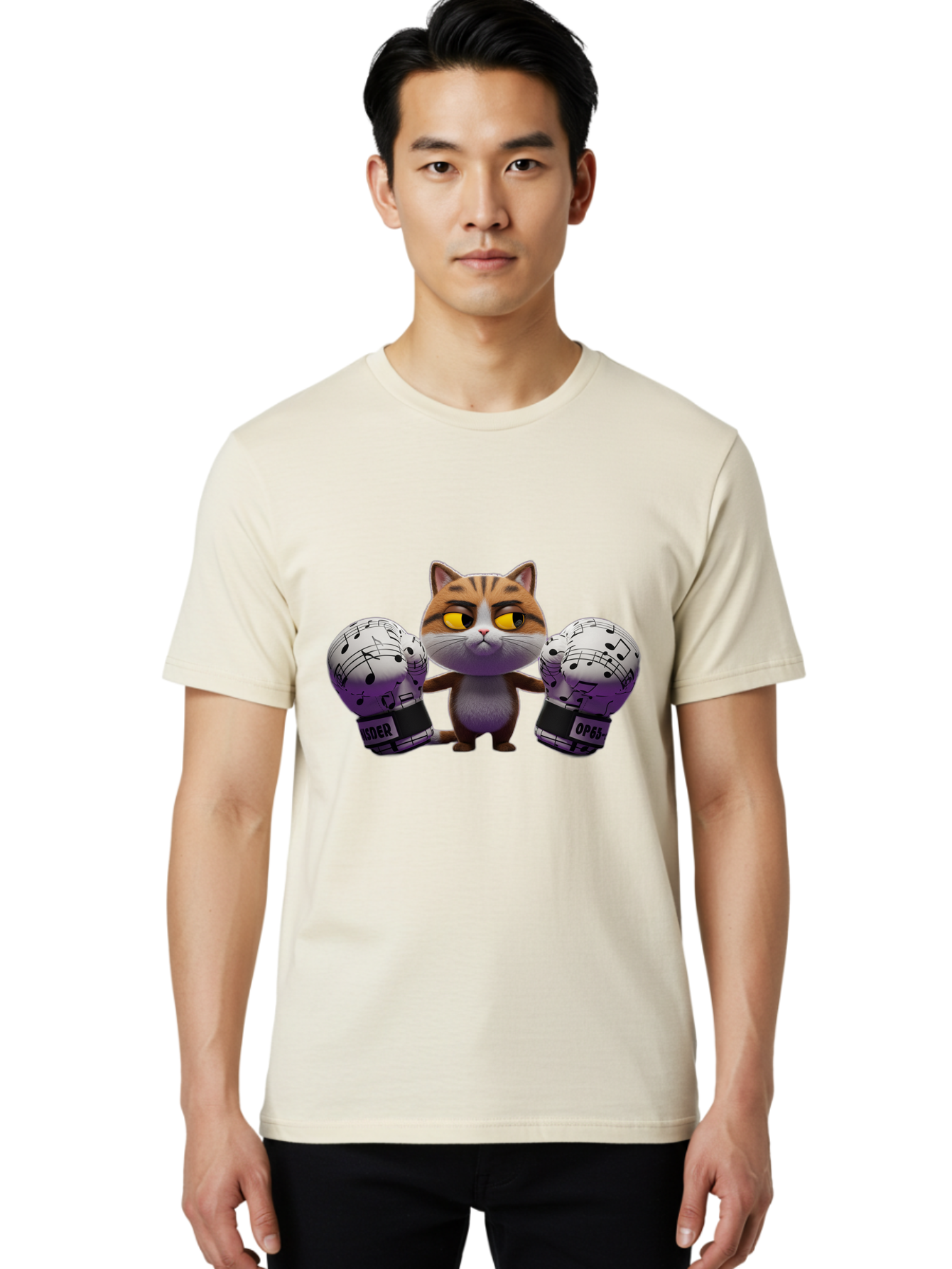 Cat-With-Boxing-Gloves Men'S Graphic Tee, 100% Cotton, Comfortable Casual Summer Wear, Machine Washable, Boxing Cat, Cartoon Style, Orange Tabby Cat, Musical Notes Gloves, Boxing Gloves, Cat With Gloves, Funny Cartoon, Opder Opponent, Bae403