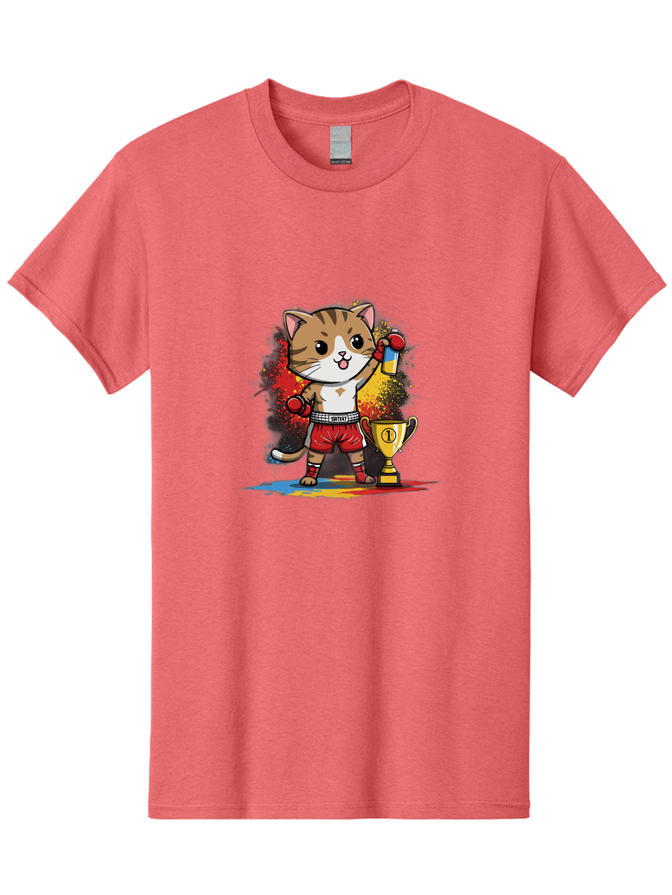 Cat-With-Trophy Men'S Graphic Tee, 100% Cotton, Comfortable Casual Summer Wear, Machine Washable, Cartoon Cat Boxer, Championship Trophy, Boxing Gloves, Champion Title, Victorious Pose, Confident Cat, Boxing Champion, Winner Cat Bae404