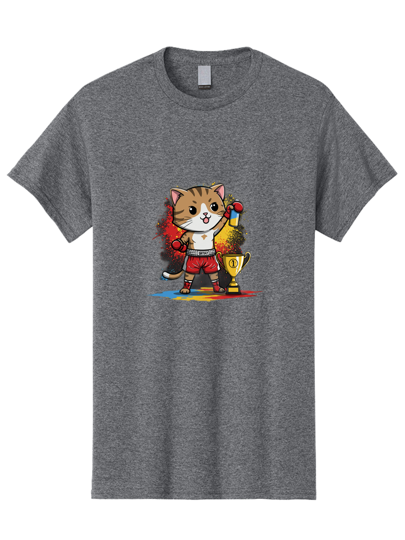 Cat-With-Trophy Men'S Graphic Tee, 100% Cotton, Comfortable Casual Summer Wear, Machine Washable, Cartoon Cat Boxer, Championship Trophy, Boxing Gloves, Champion Title, Victorious Pose, Confident Cat, Boxing Champion, Winner Cat Bae404