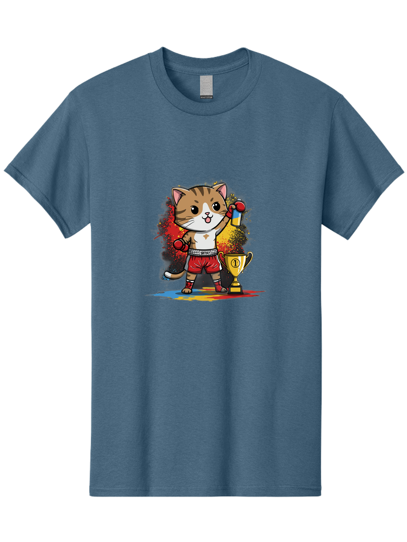 Cat-With-Trophy Men'S Graphic Tee, 100% Cotton, Comfortable Casual Summer Wear, Machine Washable, Cartoon Cat Boxer, Championship Trophy, Boxing Gloves, Champion Title, Victorious Pose, Confident Cat, Boxing Champion, Winner Cat Bae404