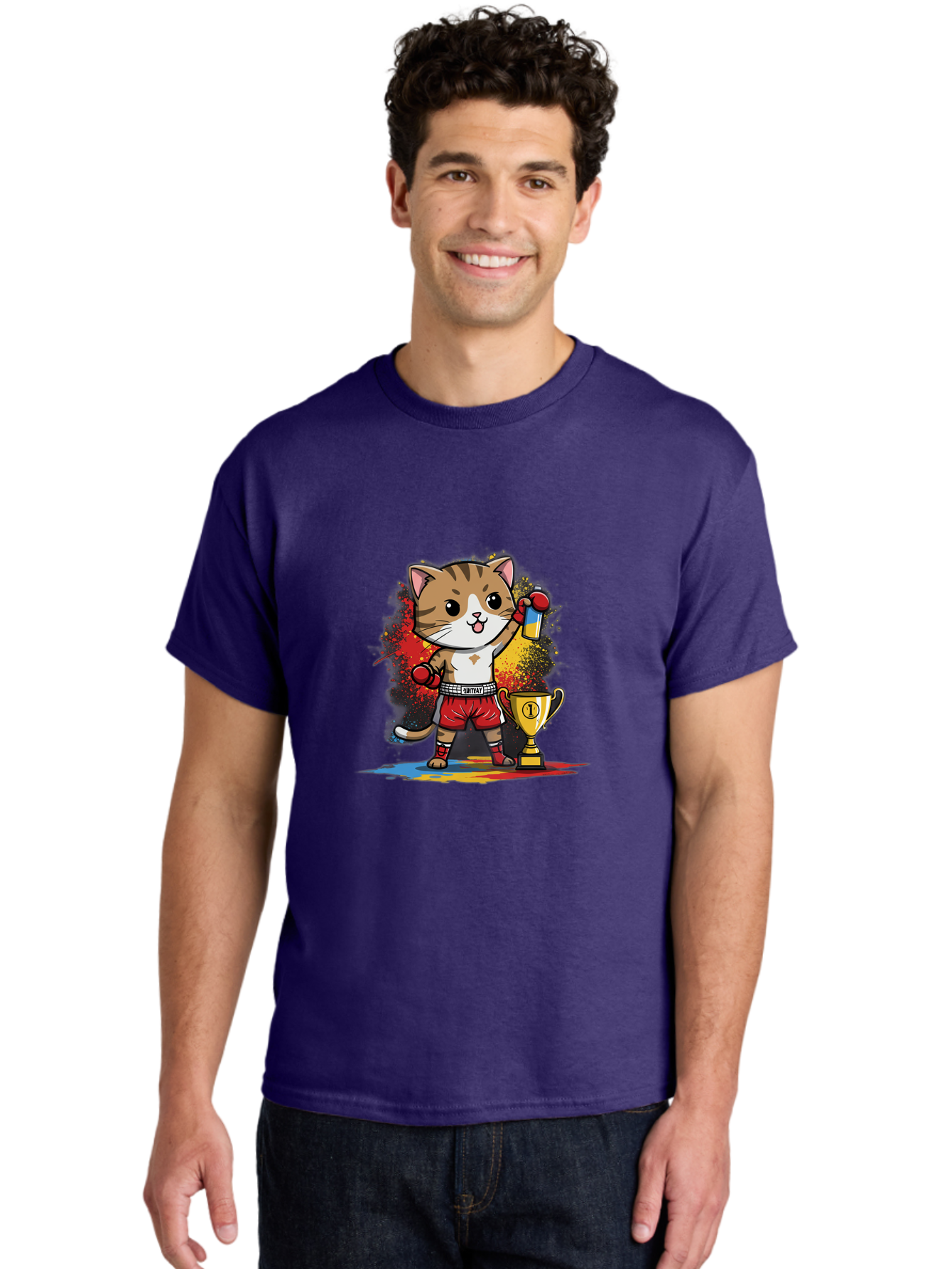 Cat-With-Trophy Men'S Graphic Tee, 100% Cotton, Comfortable Casual Summer Wear, Machine Washable, Cartoon Cat Boxer, Championship Trophy, Boxing Gloves, Champion Title, Victorious Pose, Confident Cat, Boxing Champion, Winner Cat Bae404