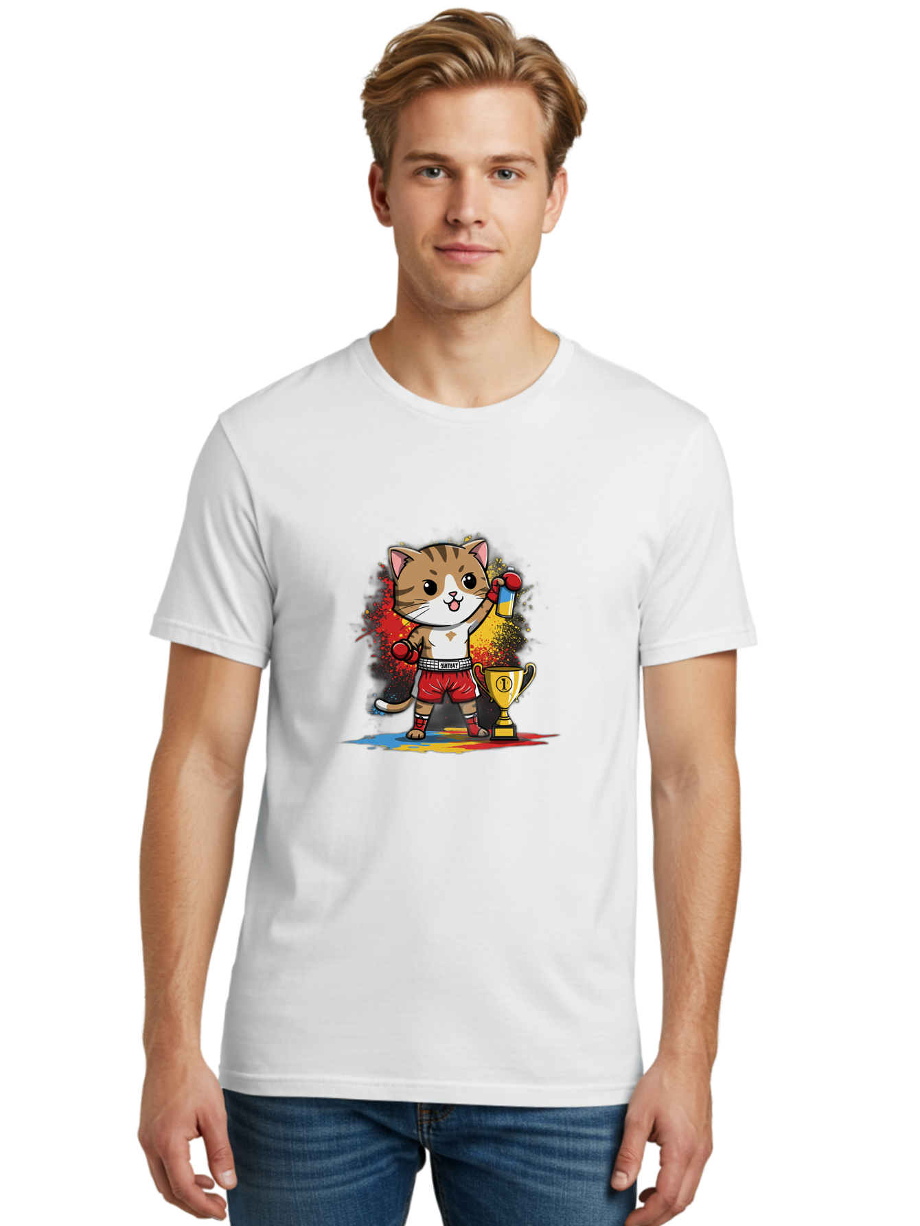 Cat-With-Trophy Men'S Graphic Tee, 100% Cotton, Comfortable Casual Summer Wear, Machine Washable, Cartoon Cat Boxer, Championship Trophy, Boxing Gloves, Champion Title, Victorious Pose, Confident Cat, Boxing Champion, Winner Cat Bae404
