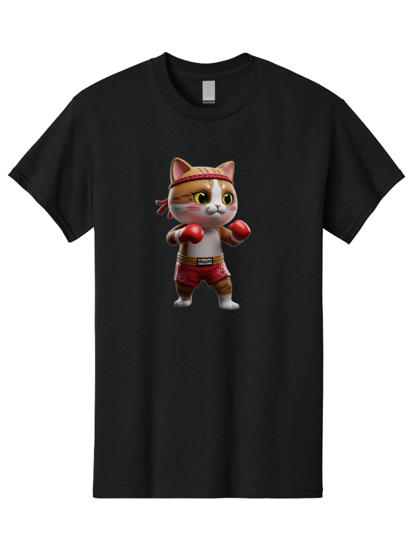Caylin-Cat Men'S Graphic Tee, 100% Cotton, Comfortable Casual Summer Wear, Machine Washable, Cartoon Cat, Boxing Gloves, Red Shorts, Martial Arts, Adorable Animal, Cute Character, Toy Illustration, Fighting Stance, Red Headband, Bae405