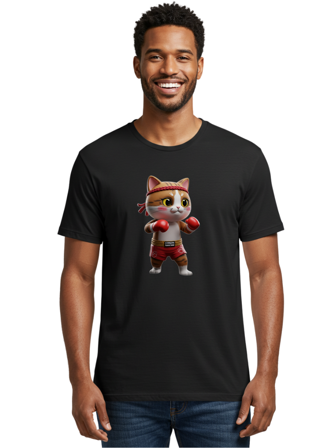 Caylin-Cat Men'S Graphic Tee, 100% Cotton, Comfortable Casual Summer Wear, Machine Washable, Cartoon Cat, Boxing Gloves, Red Shorts, Martial Arts, Adorable Animal, Cute Character, Toy Illustration, Fighting Stance, Red Headband, Bae405