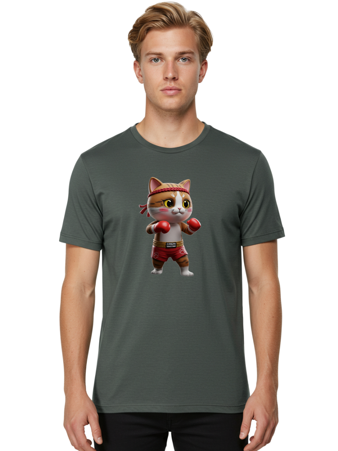 Caylin-Cat Men'S Graphic Tee, 100% Cotton, Comfortable Casual Summer Wear, Machine Washable, Cartoon Cat, Boxing Gloves, Red Shorts, Martial Arts, Adorable Animal, Cute Character, Toy Illustration, Fighting Stance, Red Headband, Bae405