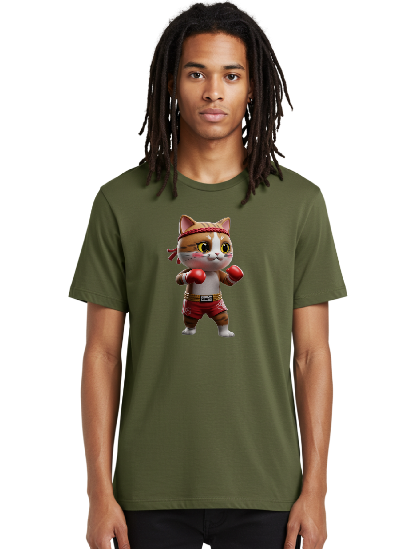 Caylin-Cat Men'S Graphic Tee, 100% Cotton, Comfortable Casual Summer Wear, Machine Washable, Cartoon Cat, Boxing Gloves, Red Shorts, Martial Arts, Adorable Animal, Cute Character, Toy Illustration, Fighting Stance, Red Headband, Bae405