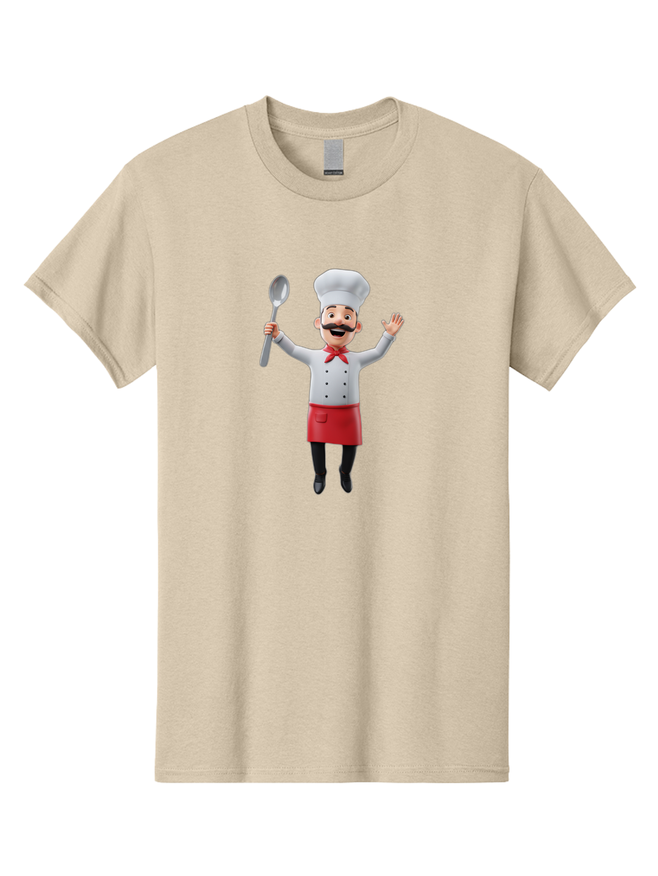 Chef-Character Men'S Graphic Tee, 100% Cotton, Comfortable Casual Summer Wear, Machine Washable, Cartoon Chef, White Hat, Red Apron, White Jacket, Metal Ladle, Welcoming Gesture, Chef Attire, Culinary Art, Kitchen Staff, Cooking Enthusiast, Bae407