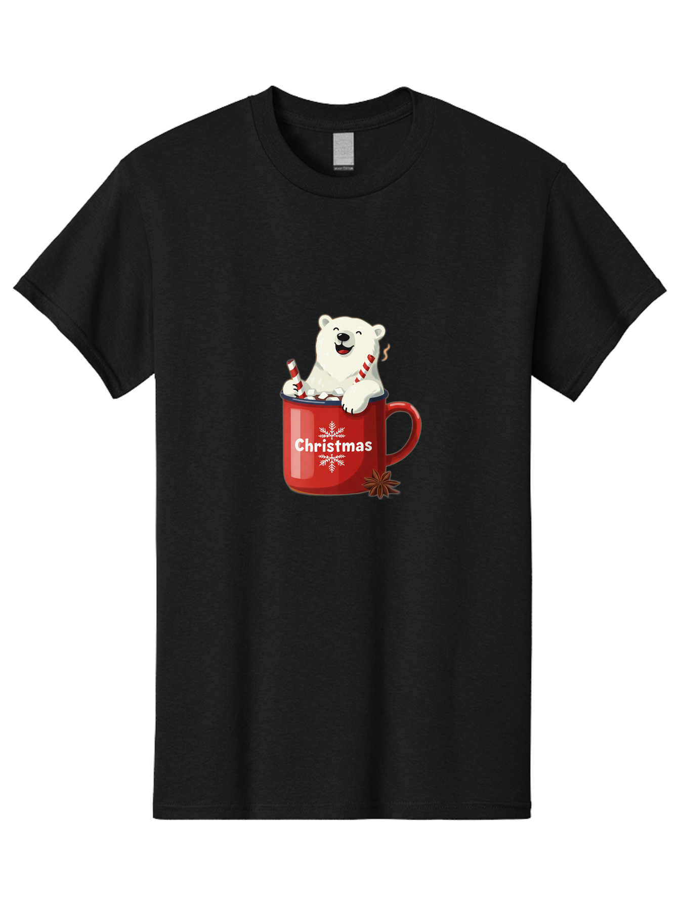 Christmas-Mug Men'S Graphic Tee, 100% Cotton, Comfortable Casual Summer Wear, Machine Washable, Polar Bear In Red Mug, Christmas Theme, Festive Decorations, Candy Cane, Marshmallows, Snowflake Design, Holiday Cheer, Winter Wonderland, Bae408