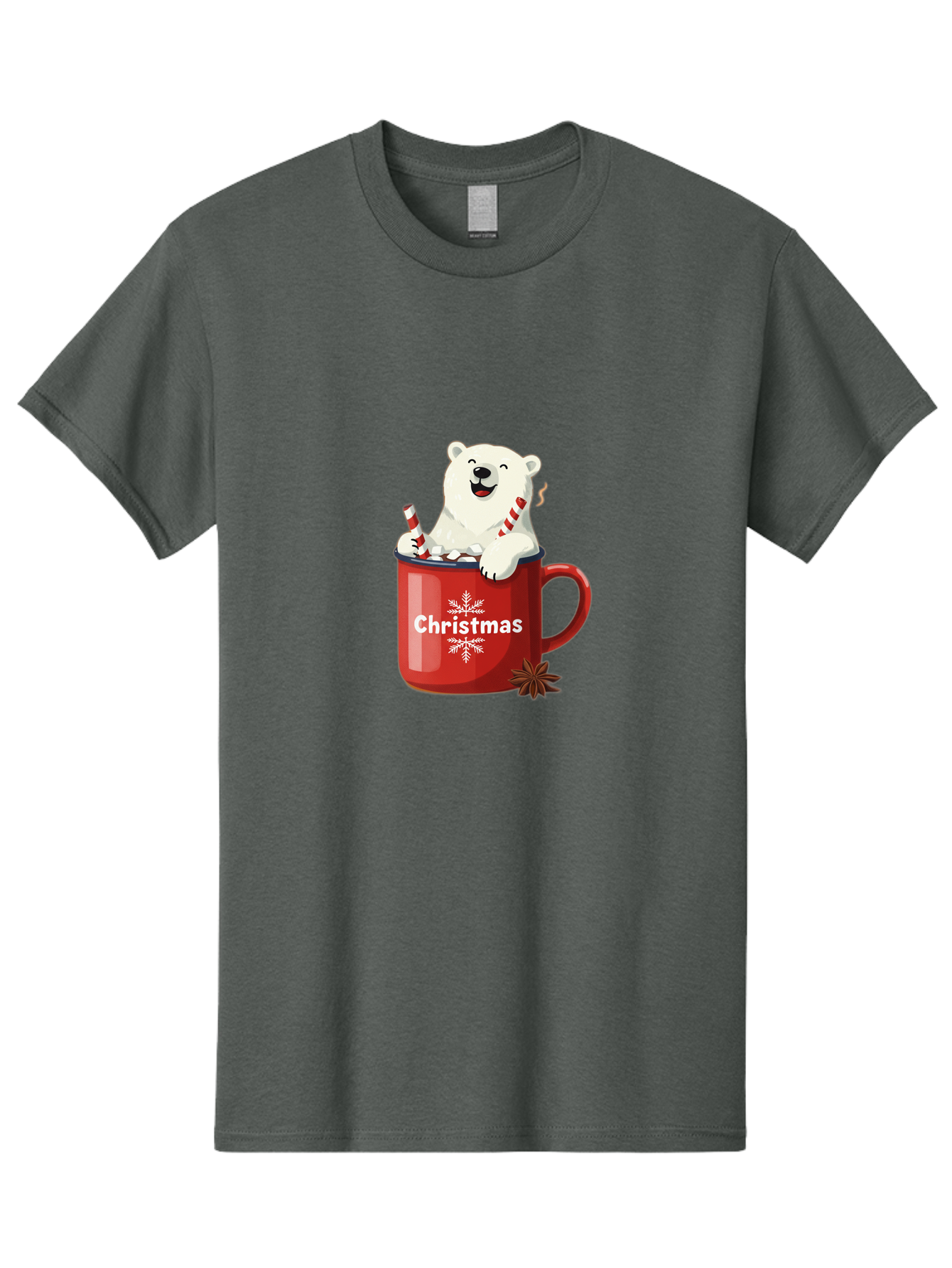 Christmas-Mug Men'S Graphic Tee, 100% Cotton, Comfortable Casual Summer Wear, Machine Washable, Polar Bear In Red Mug, Christmas Theme, Festive Decorations, Candy Cane, Marshmallows, Snowflake Design, Holiday Cheer, Winter Wonderland, Bae408