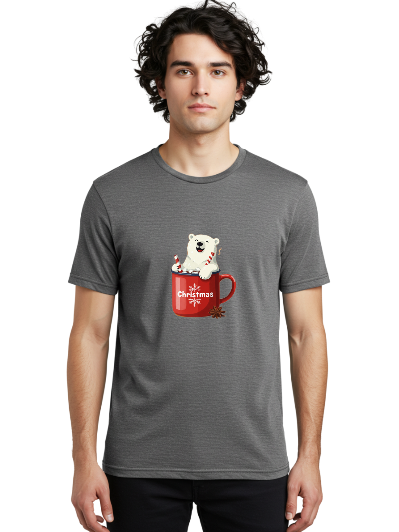 Christmas-Mug Men'S Graphic Tee, 100% Cotton, Comfortable Casual Summer Wear, Machine Washable, Polar Bear In Red Mug, Christmas Theme, Festive Decorations, Candy Cane, Marshmallows, Snowflake Design, Holiday Cheer, Winter Wonderland, Bae408