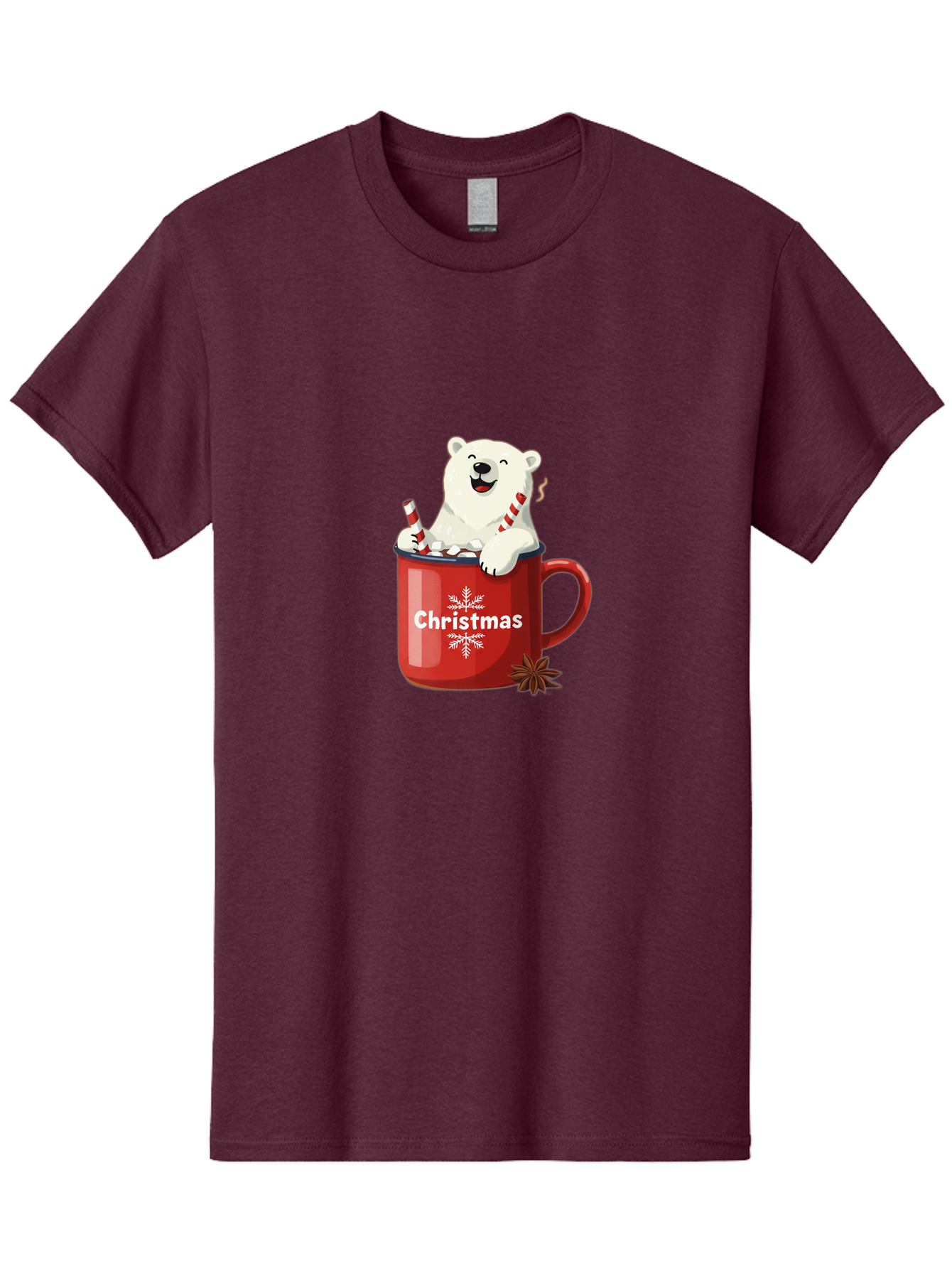 Christmas-Mug Men'S Graphic Tee, 100% Cotton, Comfortable Casual Summer Wear, Machine Washable, Polar Bear In Red Mug, Christmas Theme, Festive Decorations, Candy Cane, Marshmallows, Snowflake Design, Holiday Cheer, Winter Wonderland, Bae408