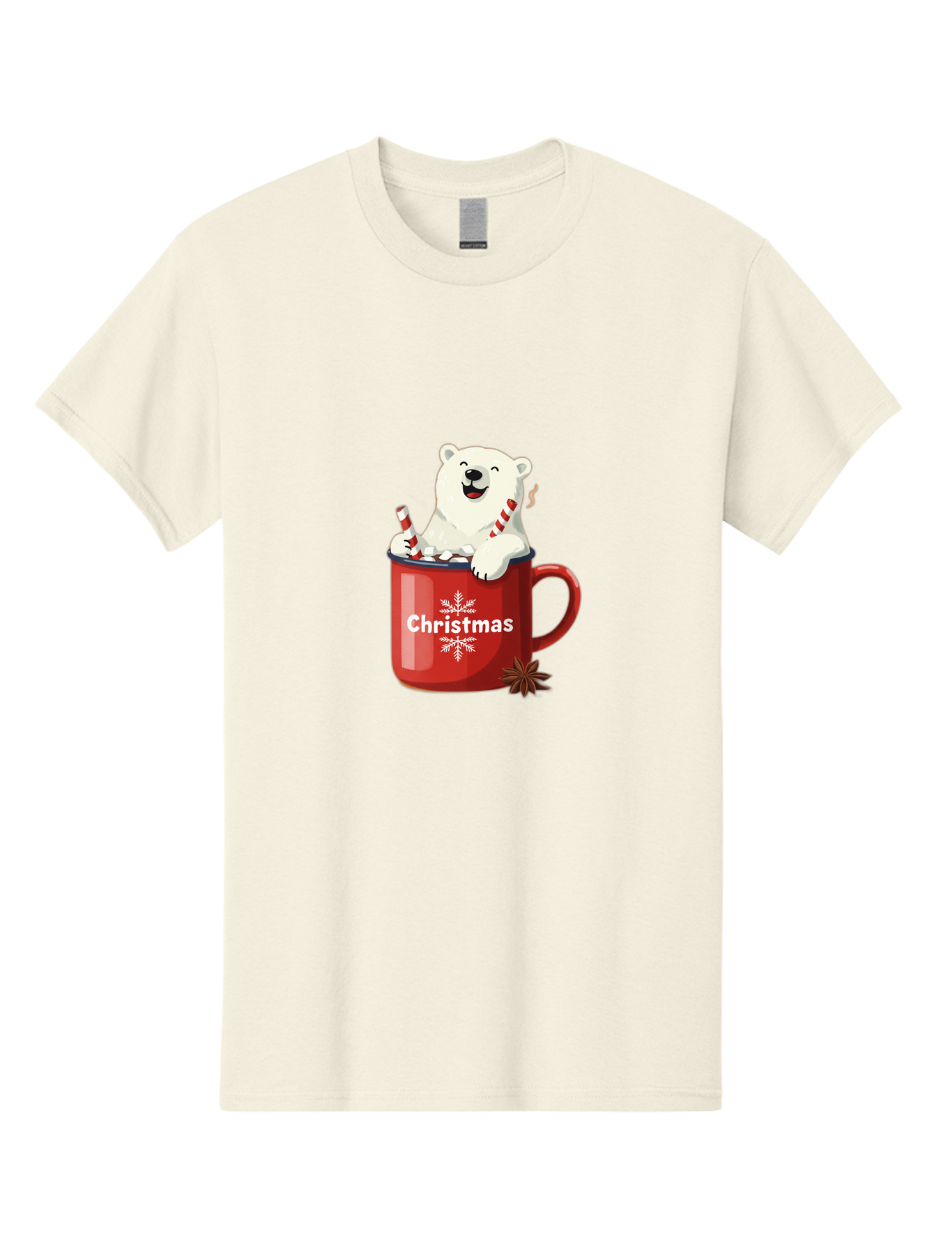 Christmas-Mug Men'S Graphic Tee, 100% Cotton, Comfortable Casual Summer Wear, Machine Washable, Polar Bear In Red Mug, Christmas Theme, Festive Decorations, Candy Cane, Marshmallows, Snowflake Design, Holiday Cheer, Winter Wonderland, Bae408