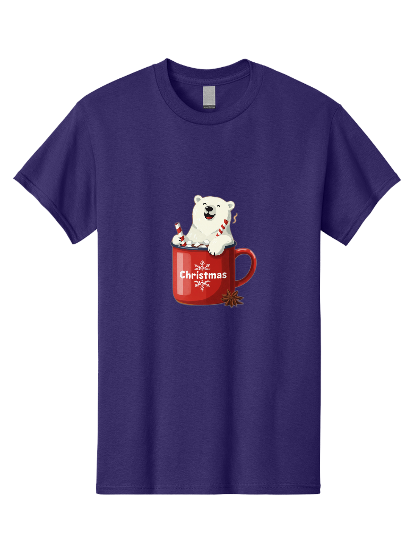 Christmas-Mug Men'S Graphic Tee, 100% Cotton, Comfortable Casual Summer Wear, Machine Washable, Polar Bear In Red Mug, Christmas Theme, Festive Decorations, Candy Cane, Marshmallows, Snowflake Design, Holiday Cheer, Winter Wonderland, Bae408