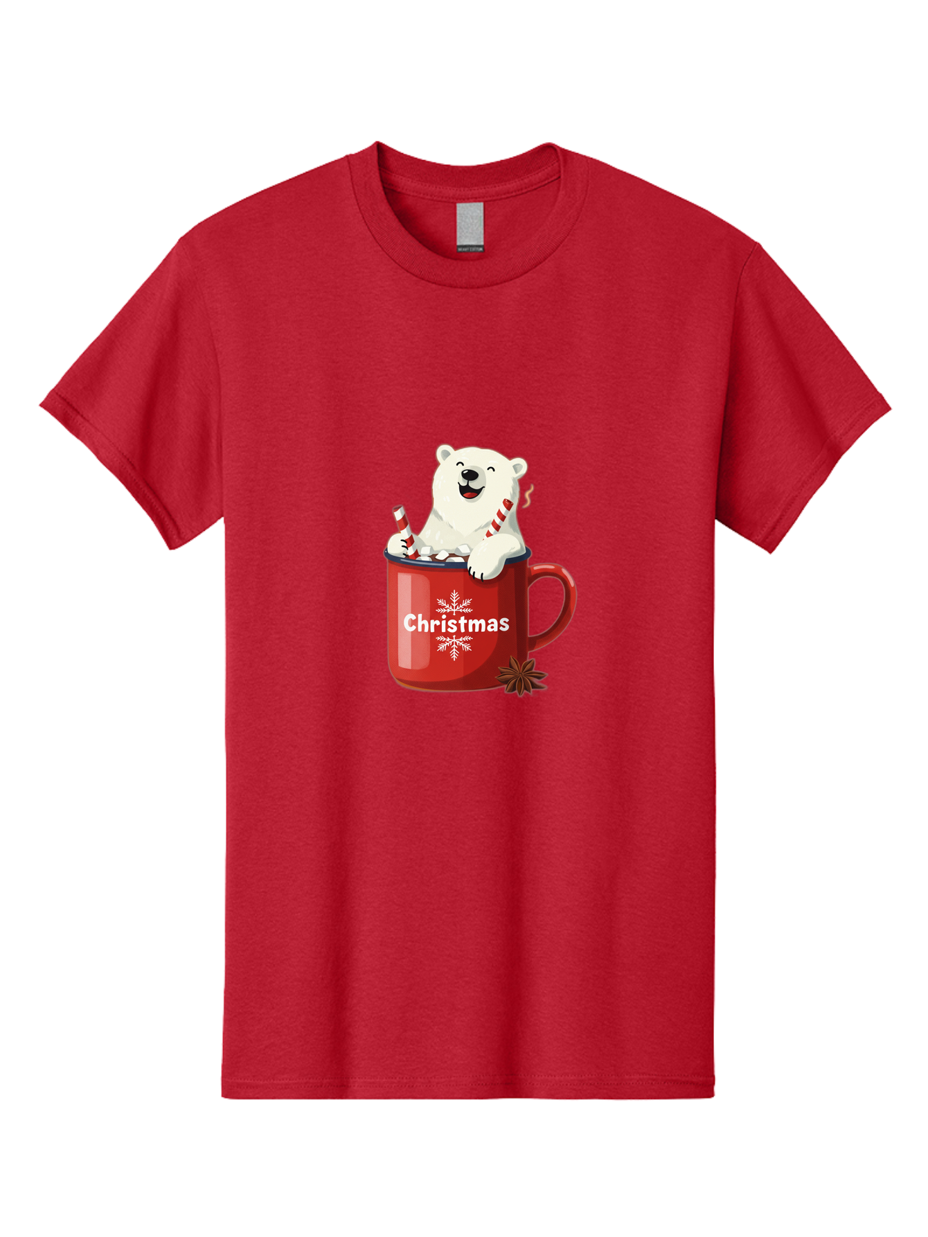 Christmas-Mug Men'S Graphic Tee, 100% Cotton, Comfortable Casual Summer Wear, Machine Washable, Polar Bear In Red Mug, Christmas Theme, Festive Decorations, Candy Cane, Marshmallows, Snowflake Design, Holiday Cheer, Winter Wonderland, Bae408