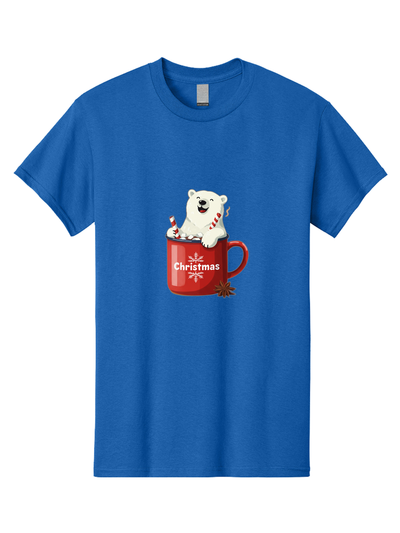 Christmas-Mug Men'S Graphic Tee, 100% Cotton, Comfortable Casual Summer Wear, Machine Washable, Polar Bear In Red Mug, Christmas Theme, Festive Decorations, Candy Cane, Marshmallows, Snowflake Design, Holiday Cheer, Winter Wonderland, Bae408