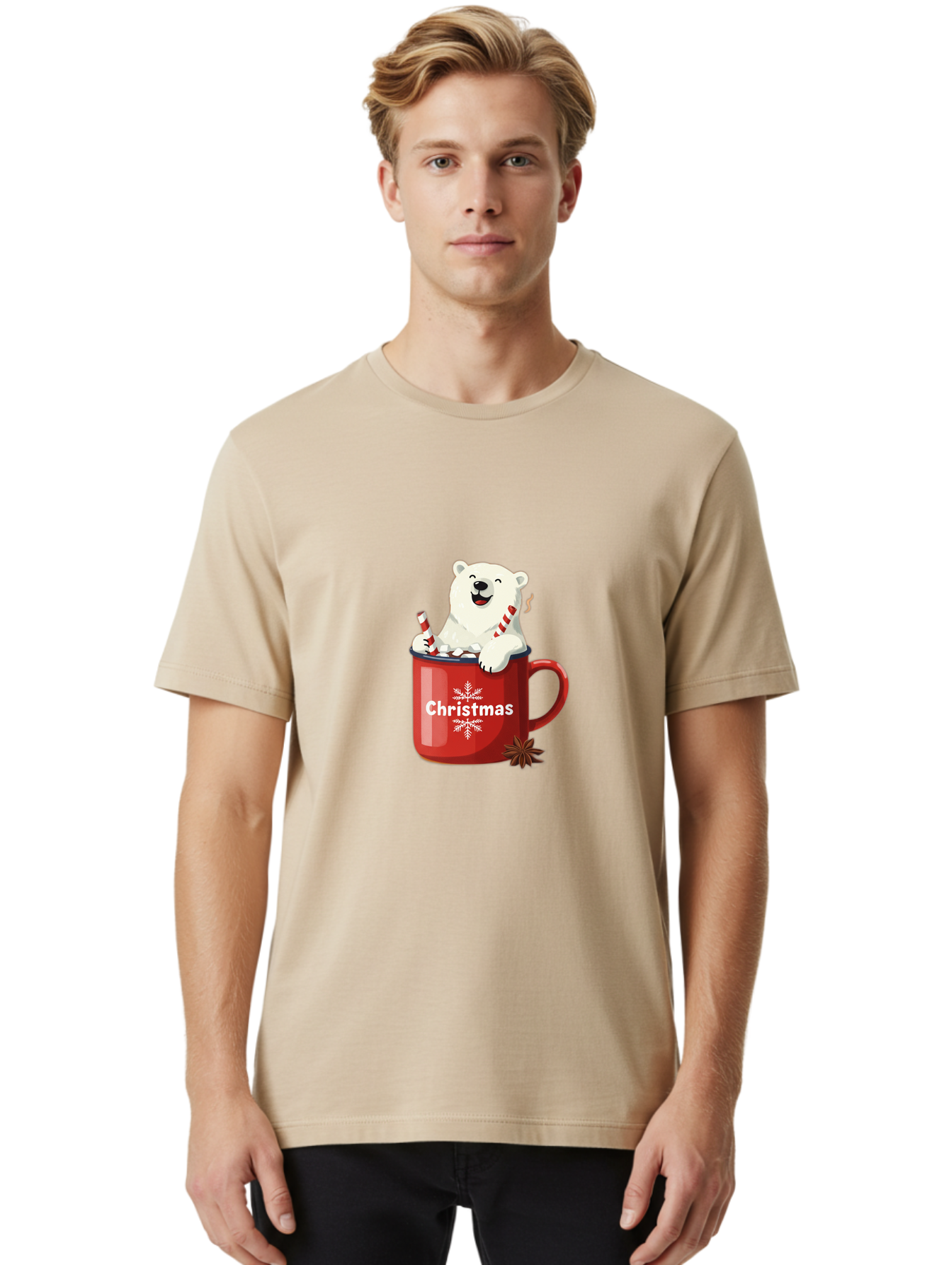 Christmas-Mug Men'S Graphic Tee, 100% Cotton, Comfortable Casual Summer Wear, Machine Washable, Polar Bear In Red Mug, Christmas Theme, Festive Decorations, Candy Cane, Marshmallows, Snowflake Design, Holiday Cheer, Winter Wonderland, Bae408