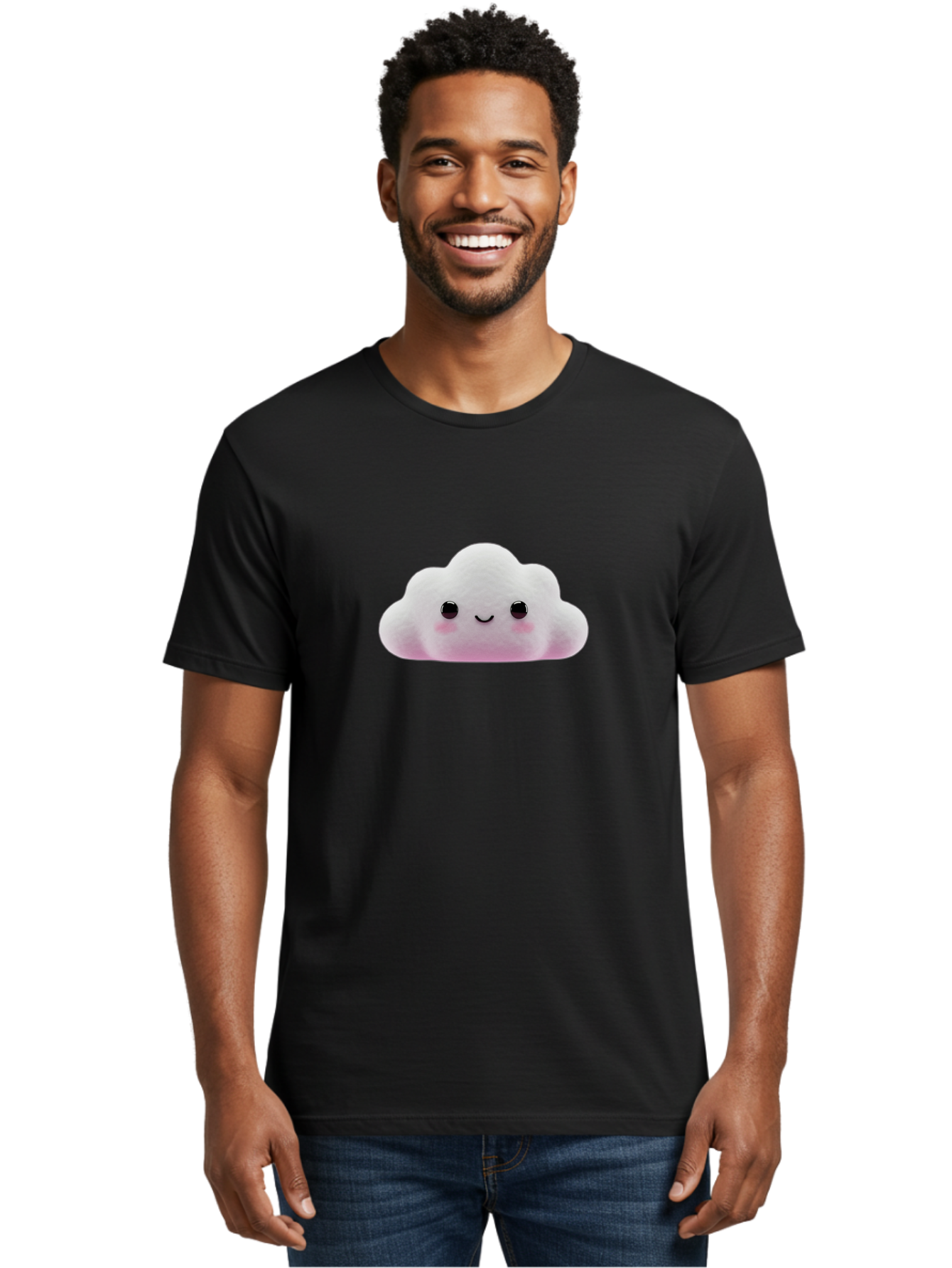 Cloud-Emoticon Men'S Graphic Tee, 100% Cotton, Comfortable Casual Summer Wear, Machine Washable, Cute Cartoon Cloud, Plush Toy, Smiling Face, Soft And Cuddly, Pastel Colors, Adorable Design, Kawaii Character Bae409