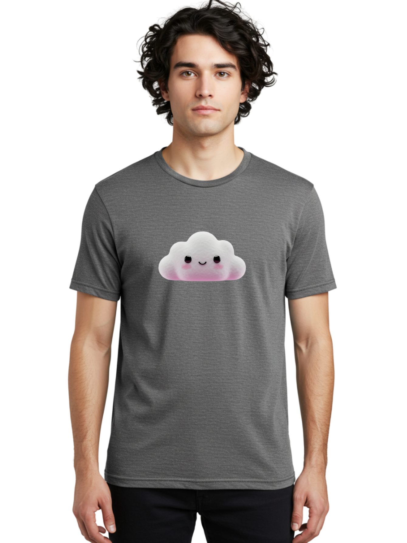 Cloud-Emoticon Men'S Graphic Tee, 100% Cotton, Comfortable Casual Summer Wear, Machine Washable, Cute Cartoon Cloud, Plush Toy, Smiling Face, Soft And Cuddly, Pastel Colors, Adorable Design, Kawaii Character Bae409