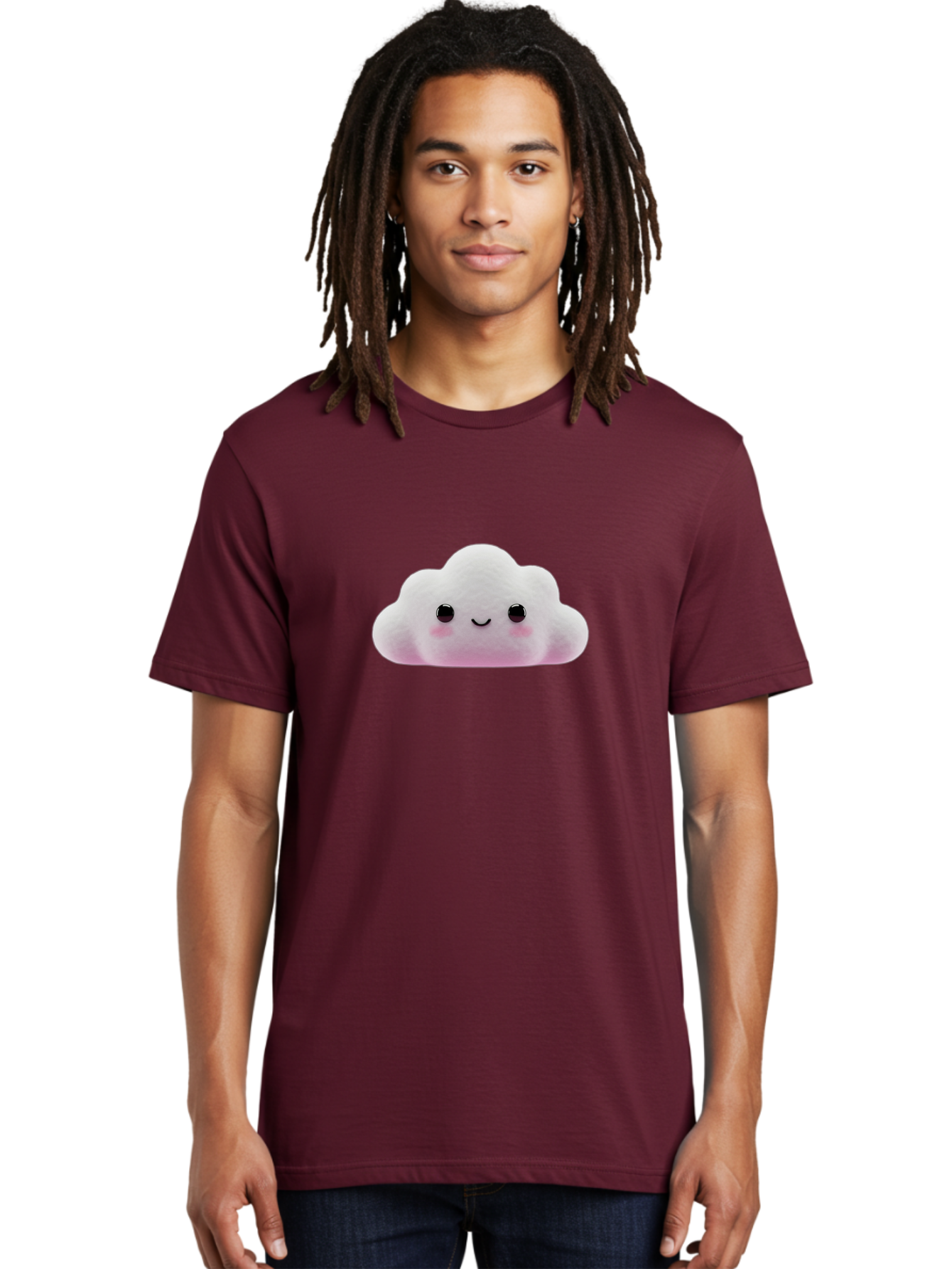 Cloud-Emoticon Men'S Graphic Tee, 100% Cotton, Comfortable Casual Summer Wear, Machine Washable, Cute Cartoon Cloud, Plush Toy, Smiling Face, Soft And Cuddly, Pastel Colors, Adorable Design, Kawaii Character Bae409